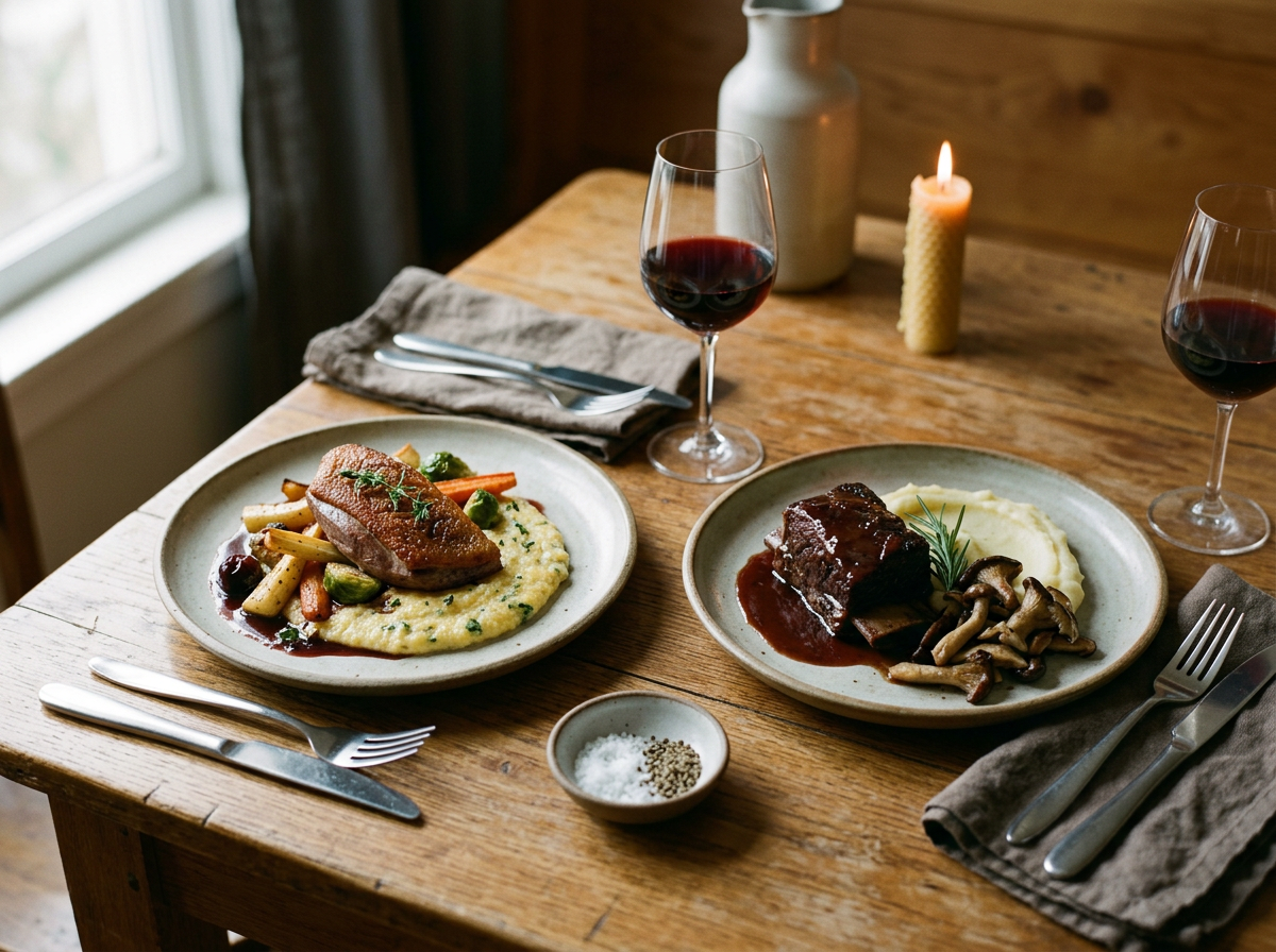 A wooden table set with two plates of gourmet food, two glasses of red wine, a small bowl of salt and pepper, a napkin, and silverware, with a lit candle and a decorative vase in the background.