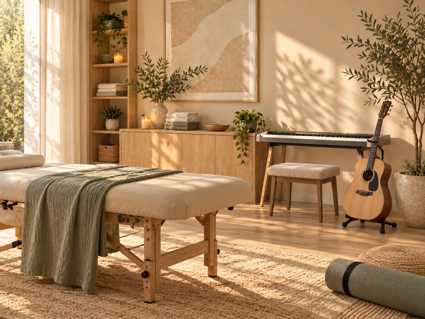 A massage table in a warmly lit room with a beige blanket, surrounded by potted plants, candles, and decorative items. There is a wooden cabinet, a piano with a stool, an acoustic guitar, and a yoga mat on the floor.