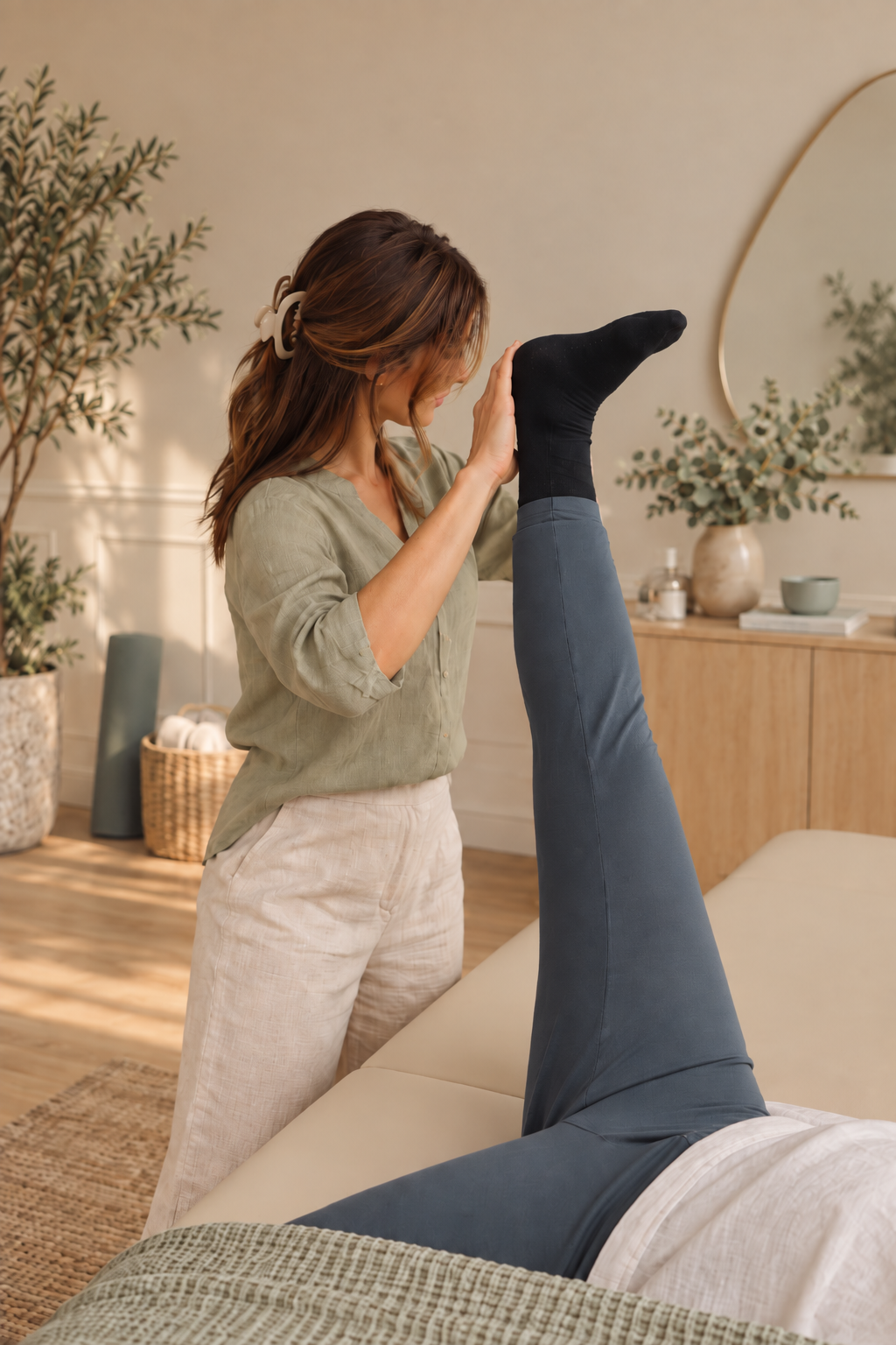 A woman assisting another person practicing a leg stretch in a cozy room with plants and decoration.