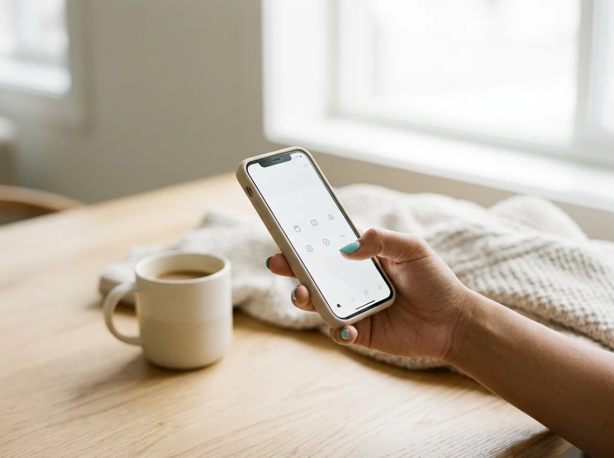 Person holding a smartphone beside a cup of coffee on a cozy bed.