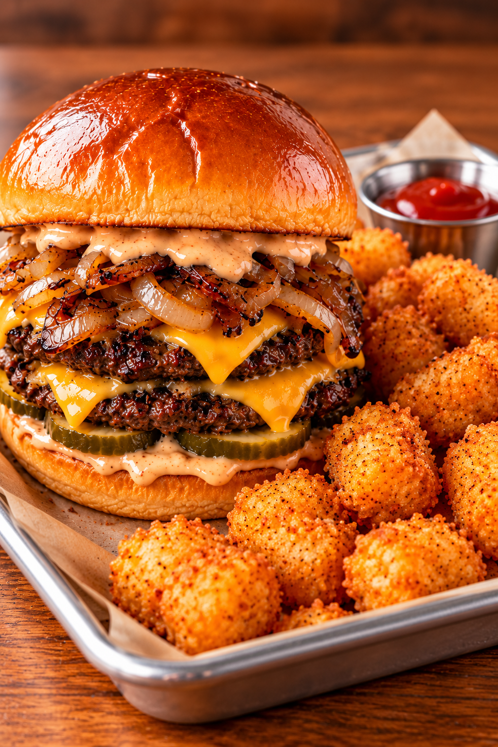 Close-up of a cheeseburger with onions, pickles, cheese, and sauce on a bun, served with breaded mozzarella sticks and ketchup in a metal tray.