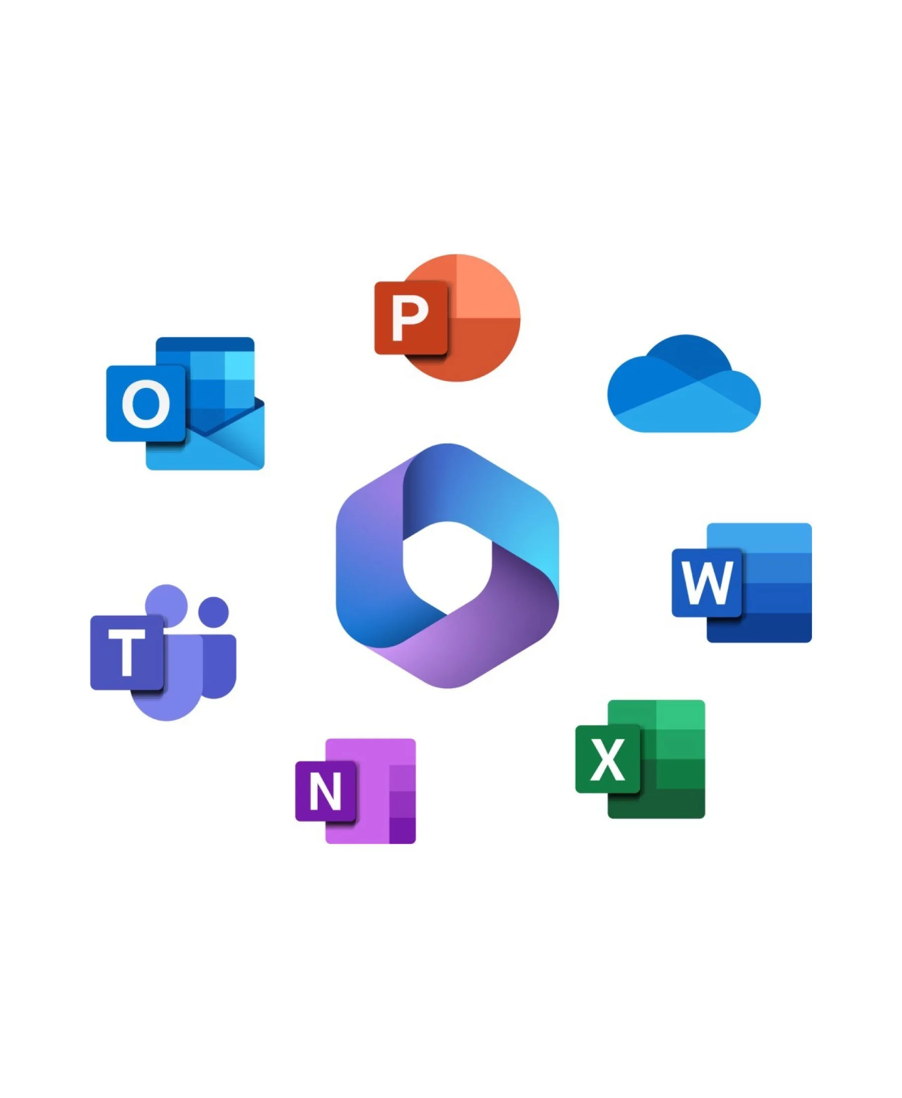 Icons of Microsoft Office applications including Outlook, PowerPoint, OneDrive, Word, Teams, OneNote, Excel, and Visio on a white background.