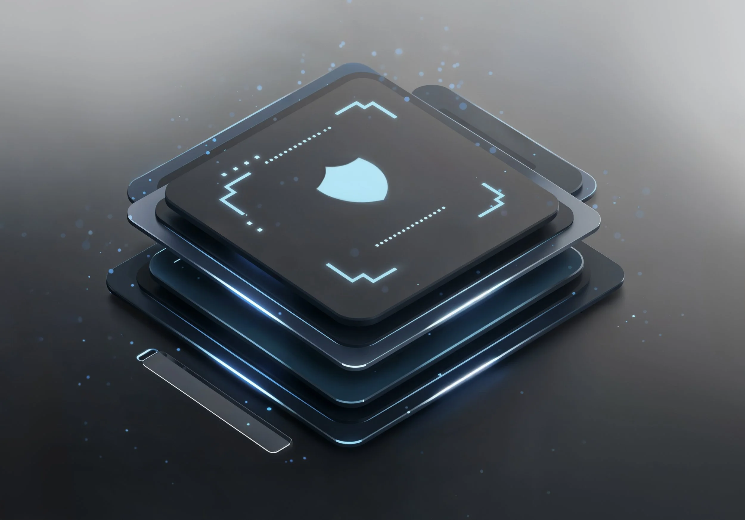 Digital illustration of stacked tech interfaces with glowing security elements, representing cyber security and protected technology.