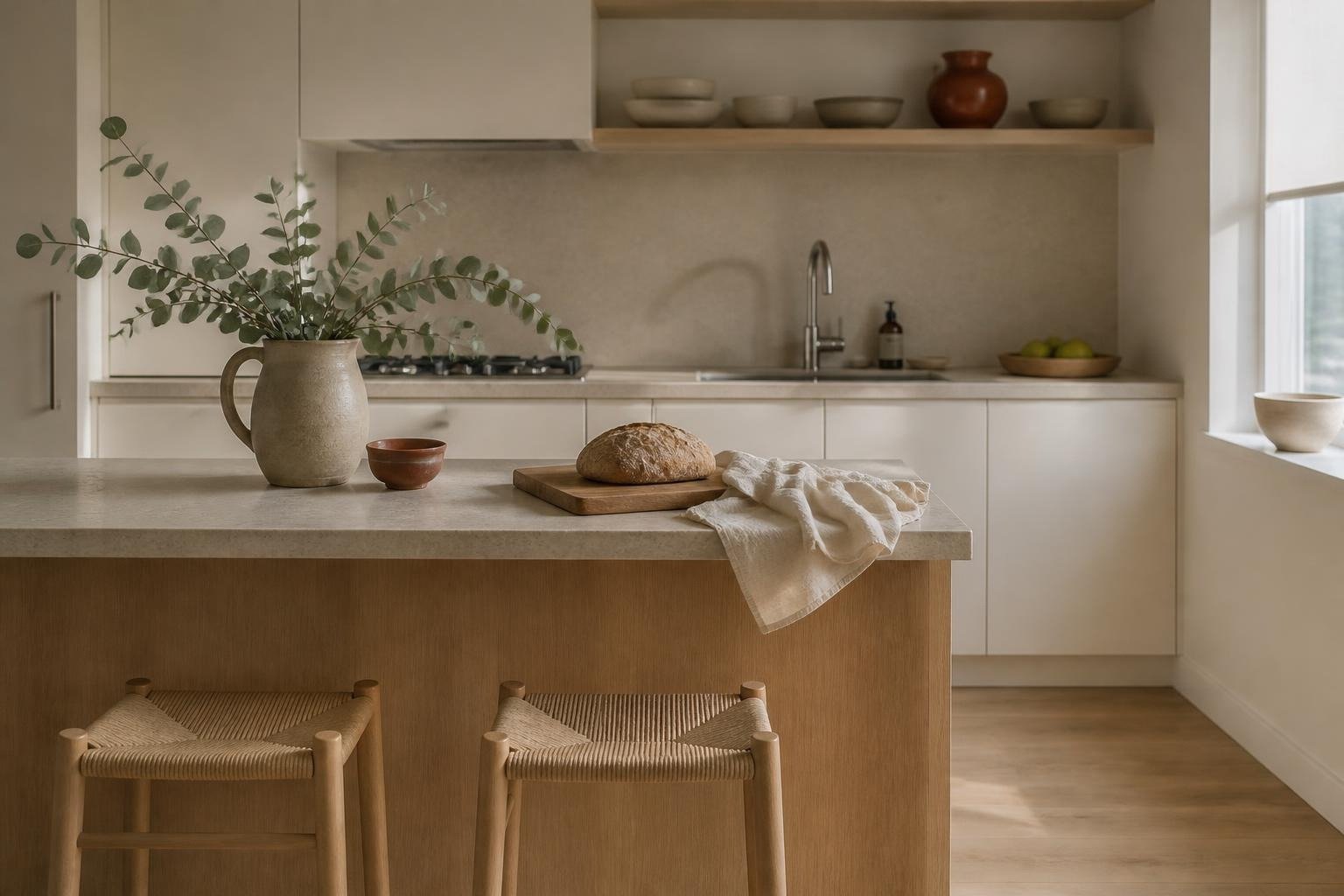 Concept image: light kitchen with an oak island, woven stools and open shelving