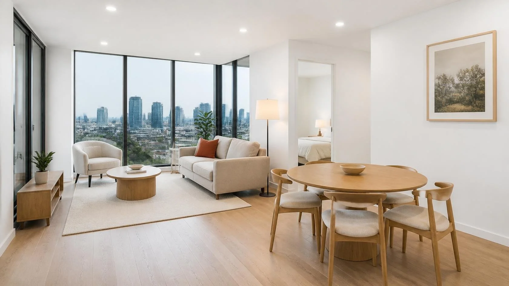 Concept image: furnished living and dining area in a new Sydney apartment with city views