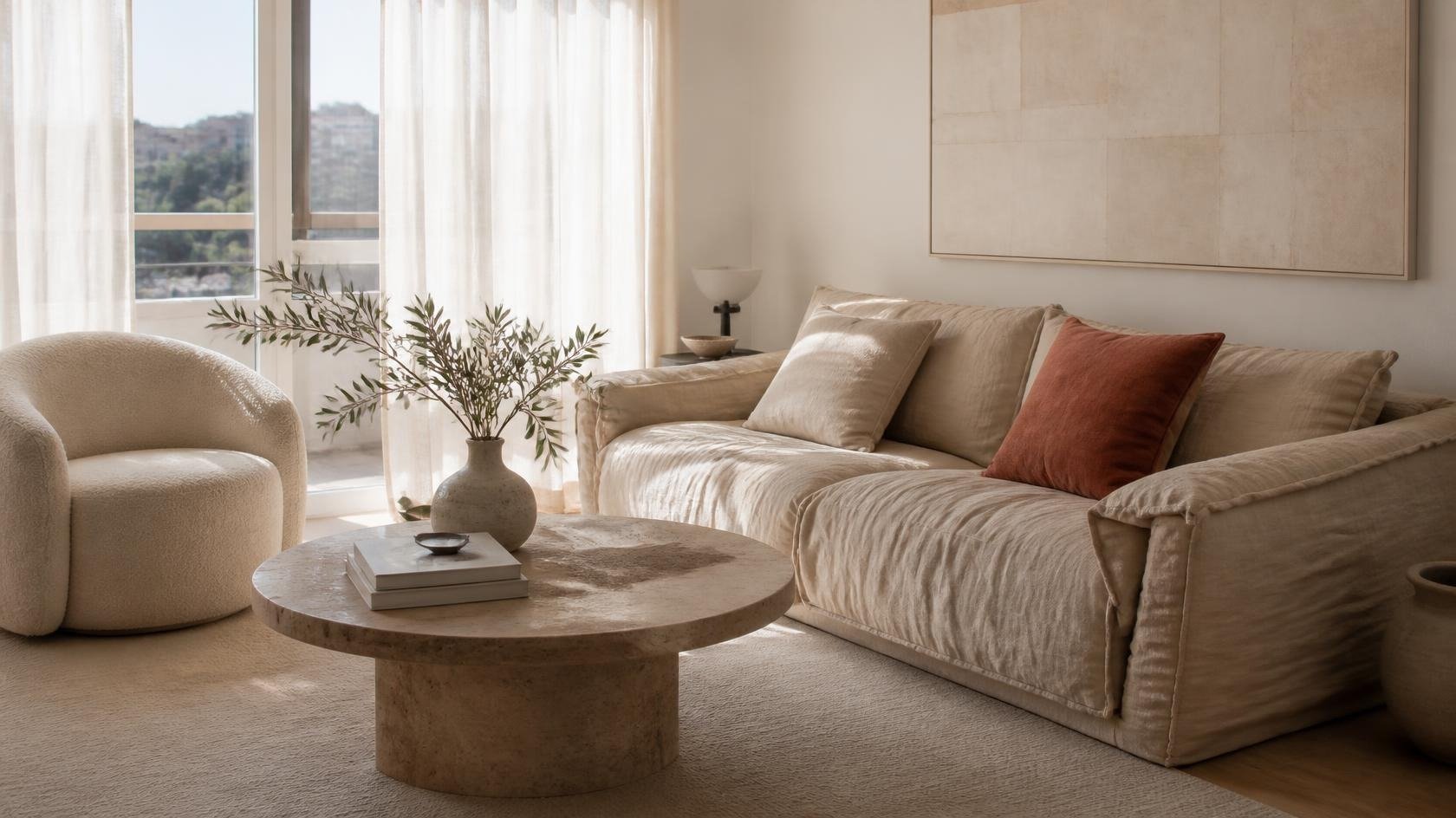 Concept image: light and airy living room with a linen sofa, travertine coffee table and a terracotta cushion