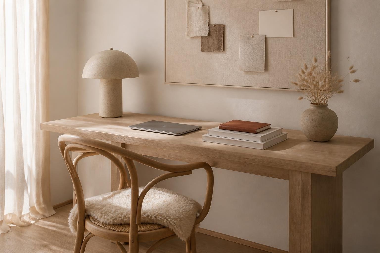 Concept image: home study nook with an oak desk, bentwood chair and linen pinboard