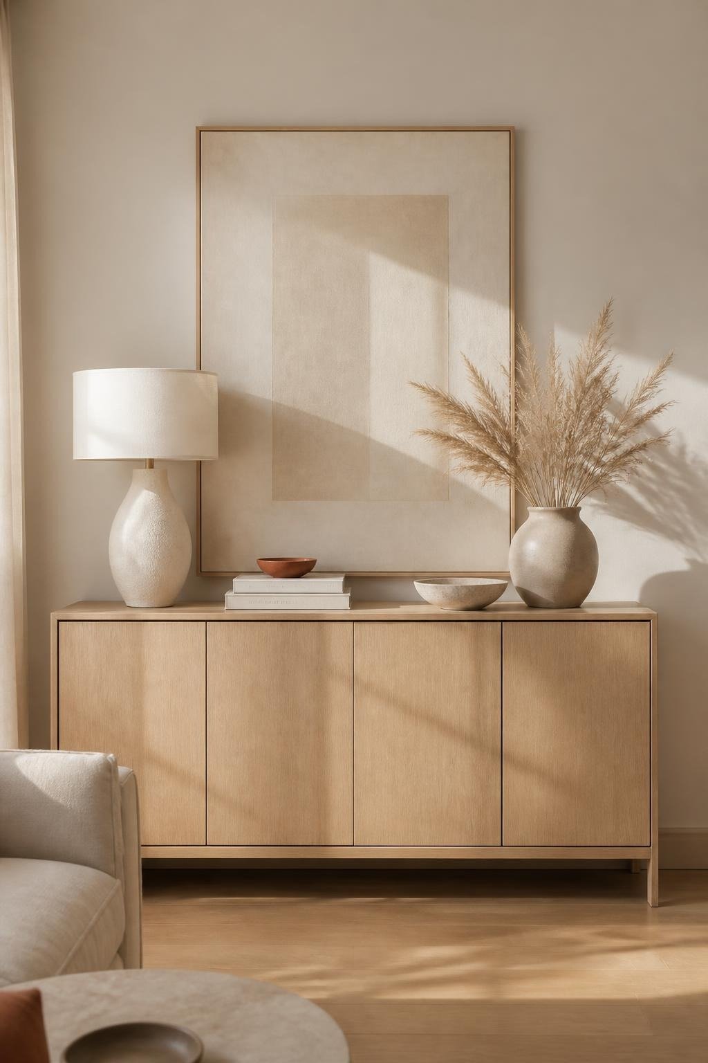 Concept image: styled oak sideboard with a ceramic lamp, books and dried grasses