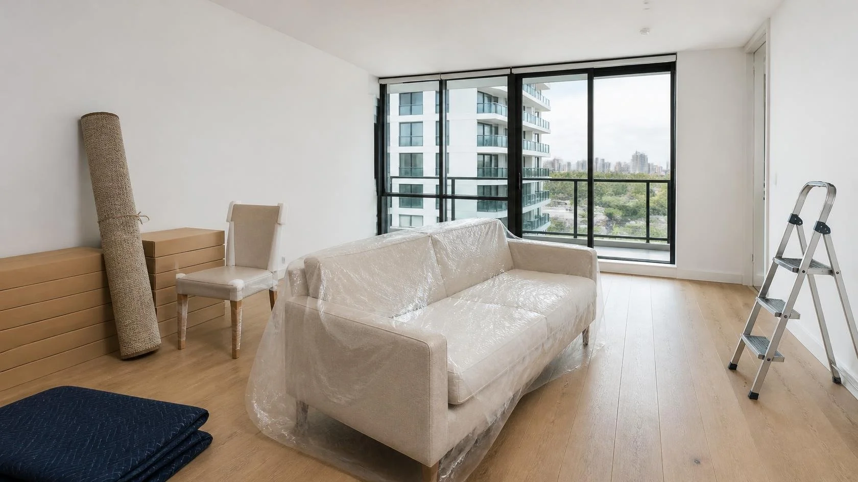 Concept image: furniture install day in a new apartment, sofa in protective wrap and cartons stacked