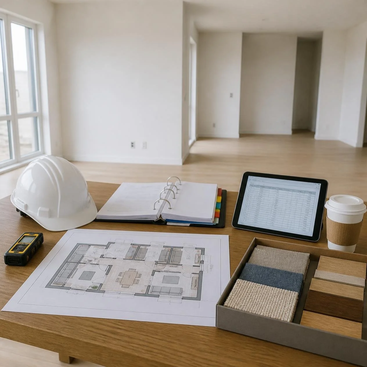 Concept image: project table in a new apartment with a furniture layout, FF&E binder, hard hat and samples