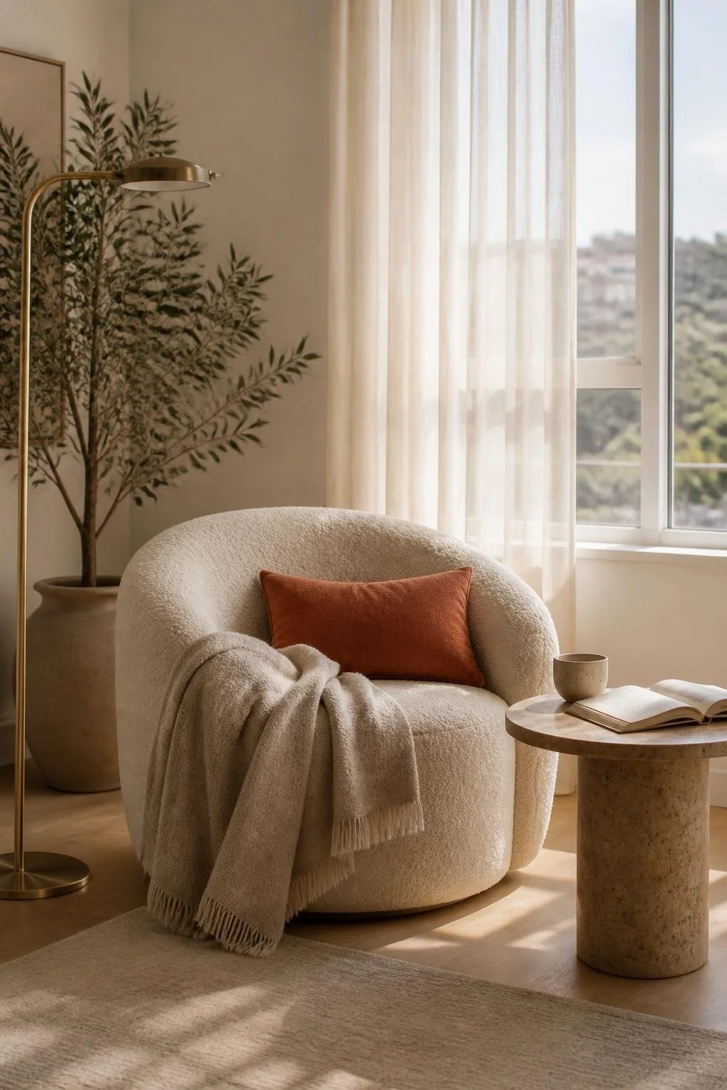 Concept image: reading corner with a boucle armchair, wool throw and brass floor lamp
