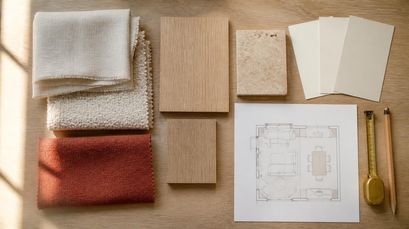 Concept image: sample board with linen swatches, oak and travertine samples, paint cards and a floor plan