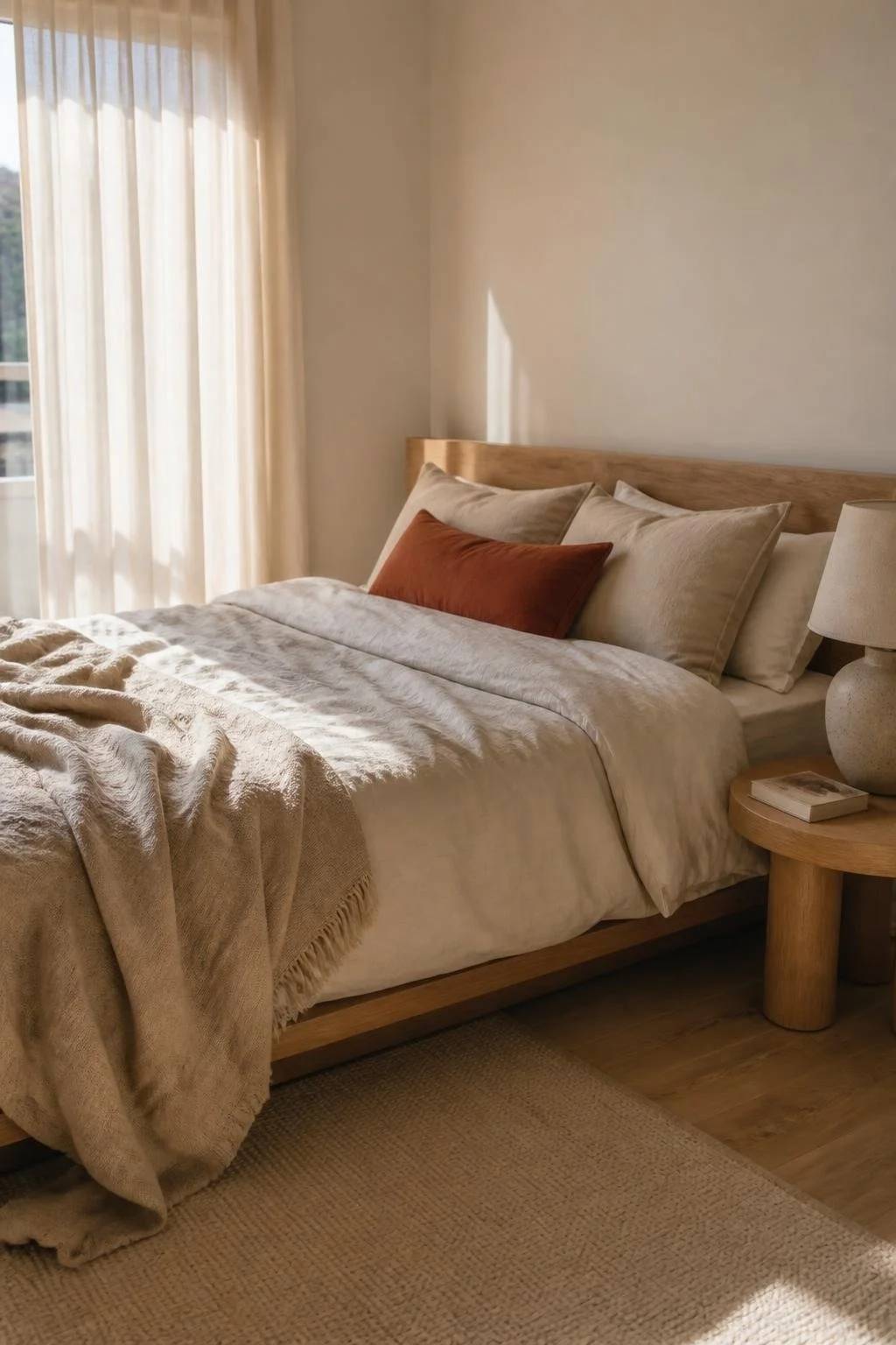 Concept image: light and airy bedroom with linen bedding, an oak bed and a terracotta cushion