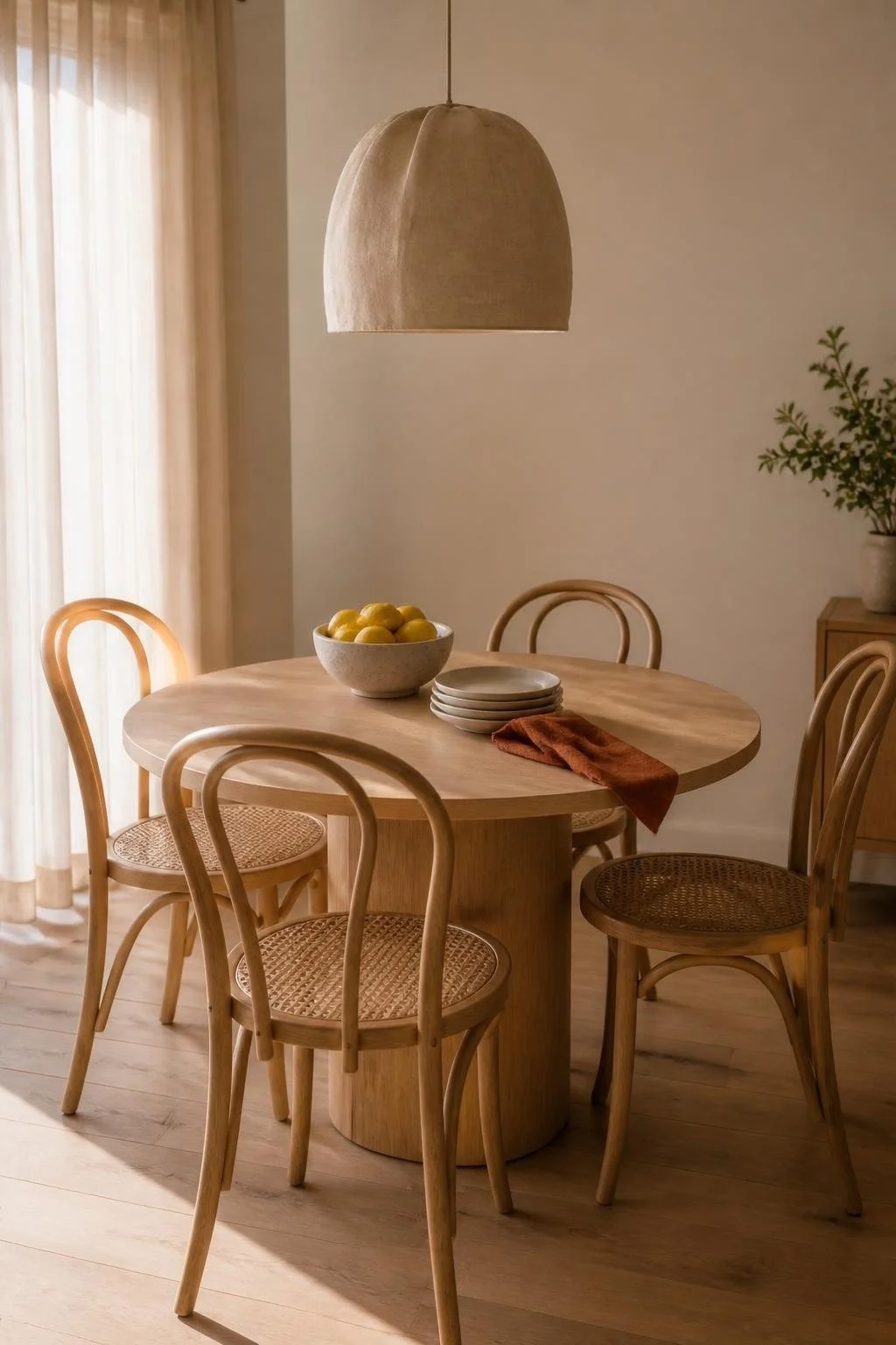 Concept image: round oak dining table with bentwood chairs and a linen pendant light