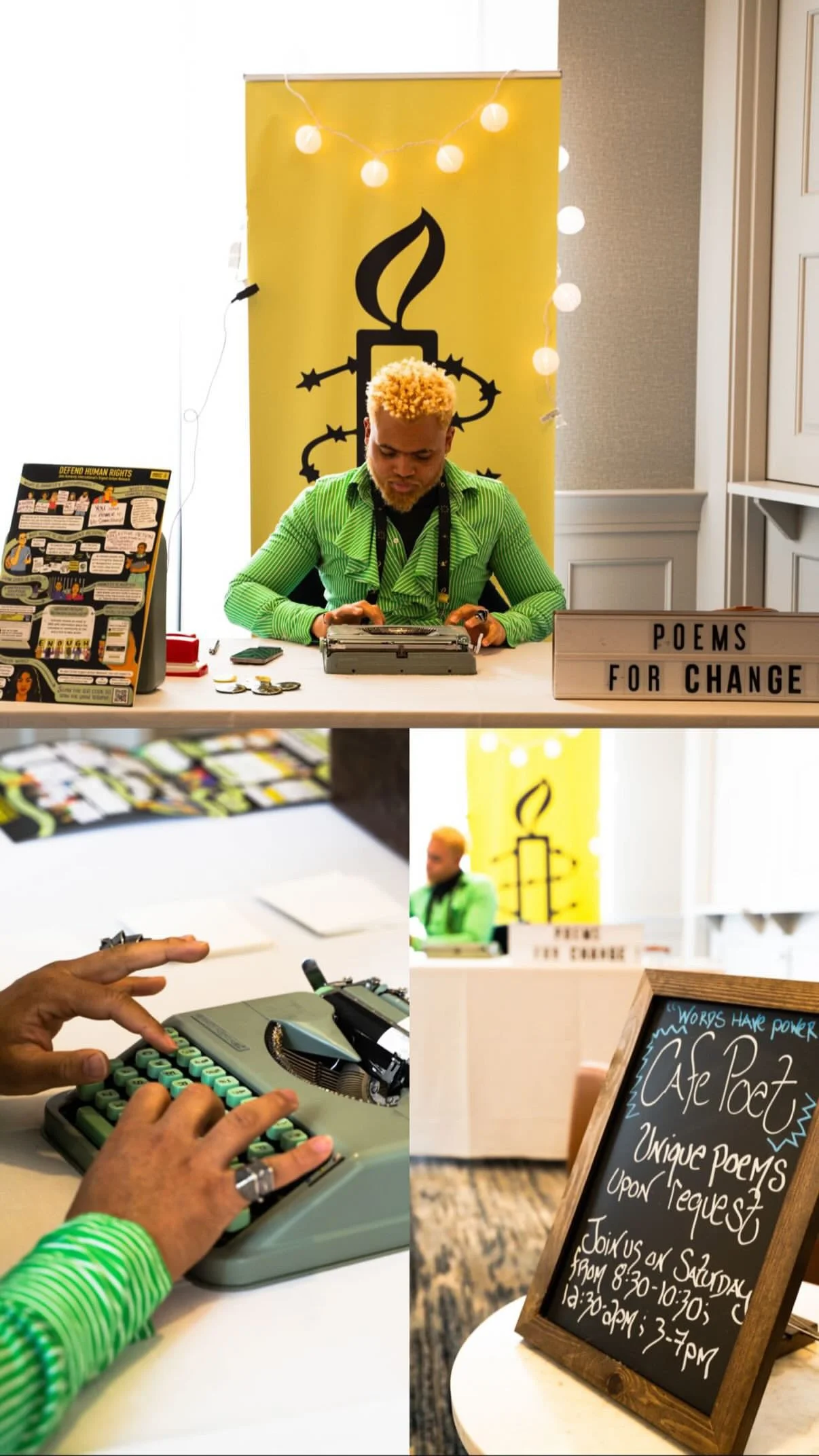 A person with blond, curly hair wearing a green striped shirt sitting at a table with a typewriter, surrounded by informational signs including a chalkboard sign advertising poems at Cafe Paz, with a yellow banner featuring a candle and barbed wire symbol behind him, and string lights hanging above.