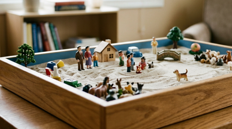 Sandbox with small figurines of people, animals, and accessories. Contains house, trees, bridge, cars, and various miniature figures.