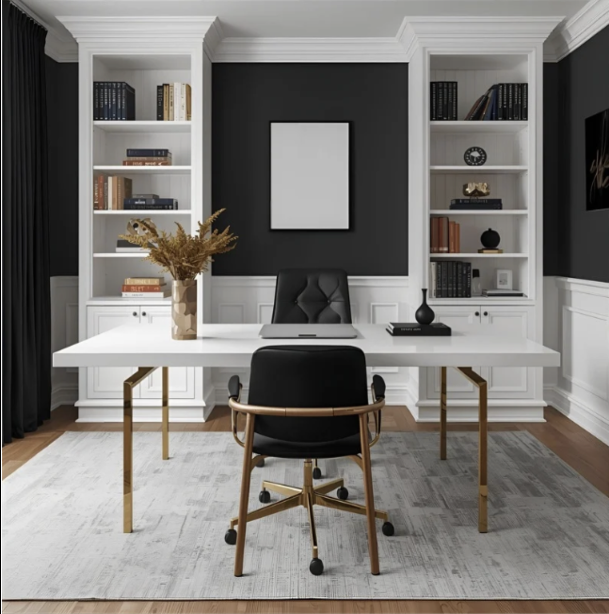 Modern home office with built-in bookshelves, white desk, black accent wall, and neutral furnishings.