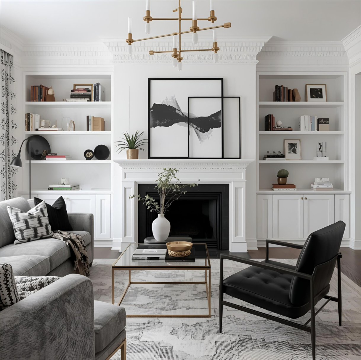 Elegant living room with built-in shelving, fireplace, neutral furnishings, and black accents.