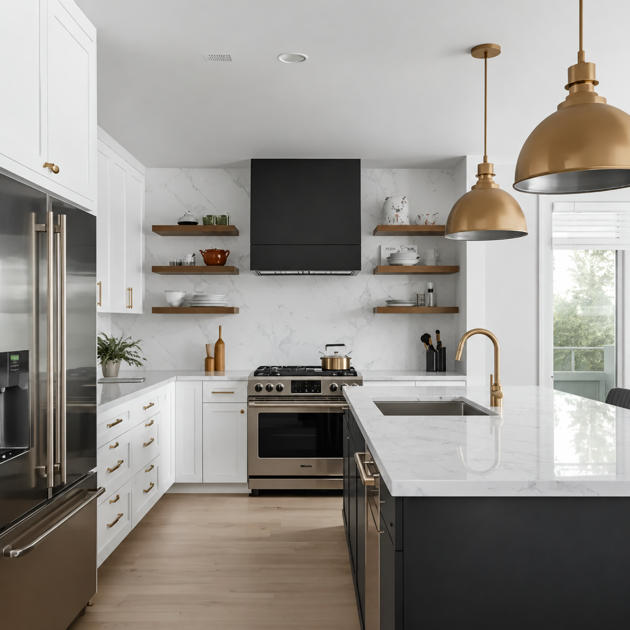 Modern kitchen with white marble countertops, black and white cabinets, gold hardware, and open wooden shelves.