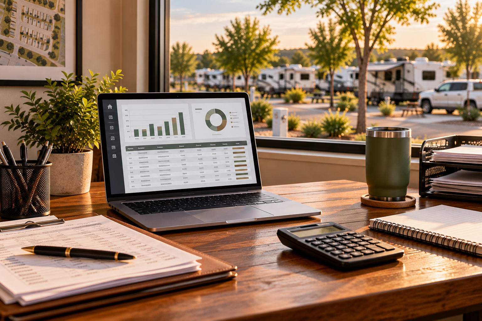 Office desk with a laptop displaying graphs, a calculator, notebooks, a pen, a green tumbler on a coaster, a potted plant, and sunlight coming through a window showing RVs and trees outside.