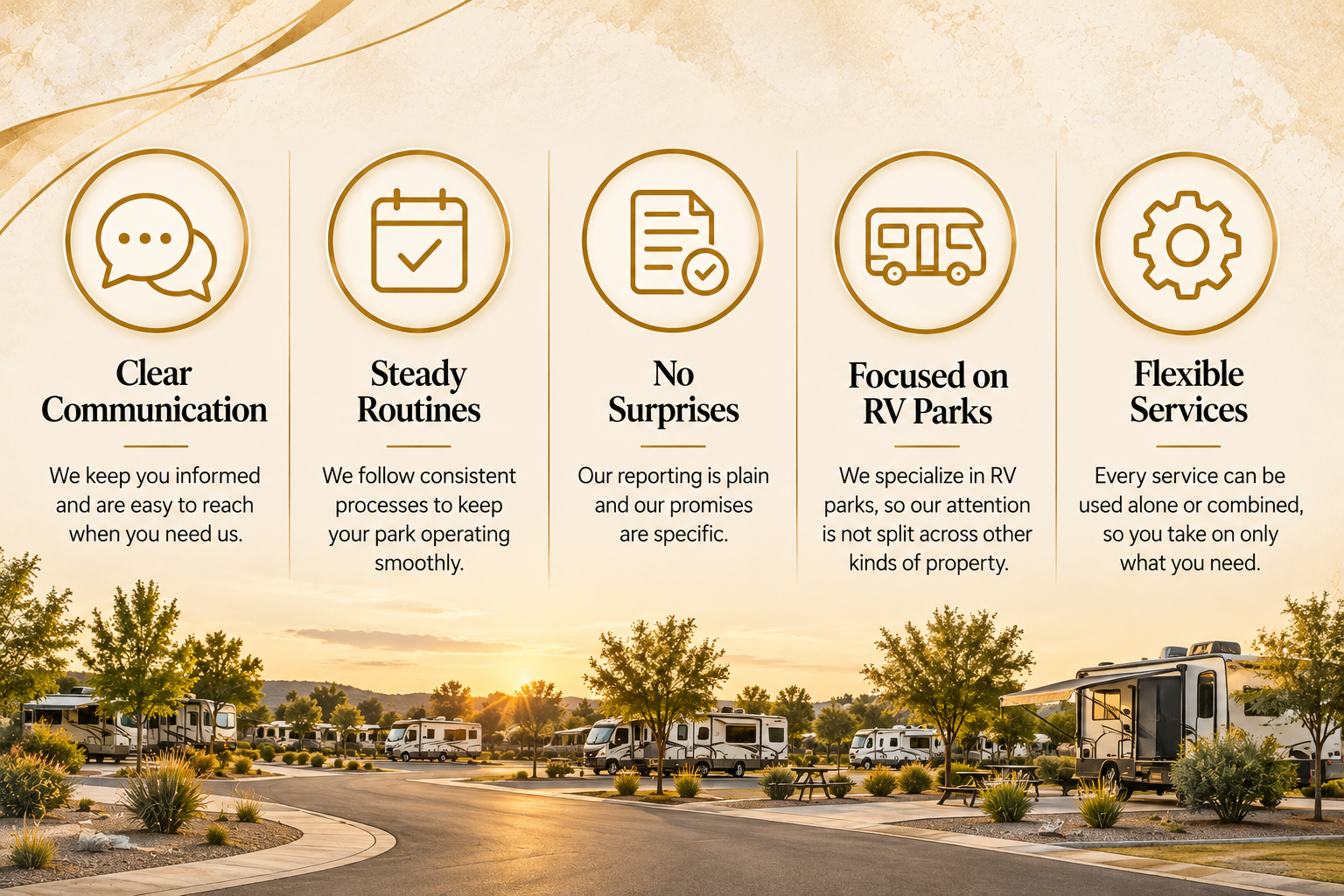Information board with features for RV parks, including clear communication, steady routines, no surprises, focused RV parks, and flexible services, set against a sunset view of RVs parked in a landscaped RV park.