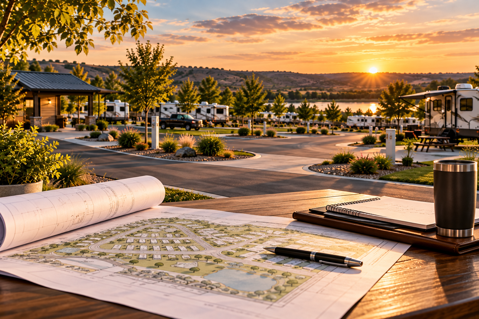 Blueprints and a pen on a table overlooking an RV park during sunset with parked RVs and trees.