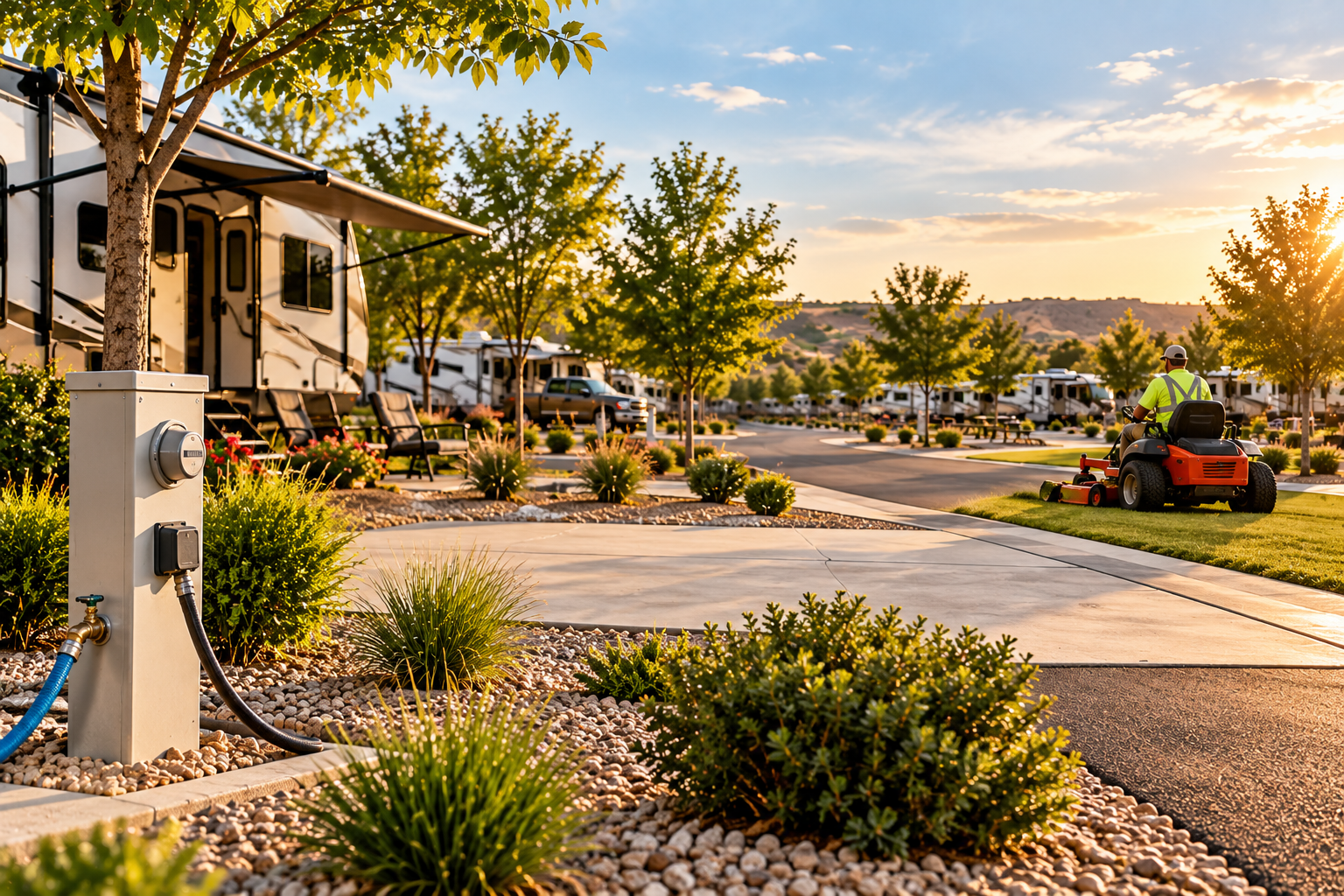 A man riding a riding lawnmower in a campground with several RVs parked, trees, and the sun setting in the background.