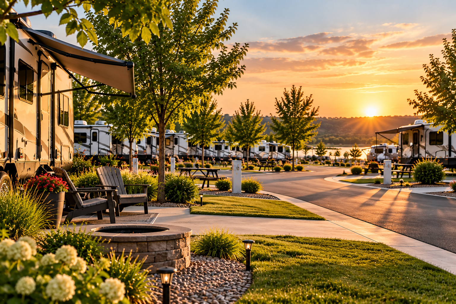 A serene RV park at sunset with several RVs parked among trees and landscaped gardens, featuring benches, a fire pit, and a winding paved road.