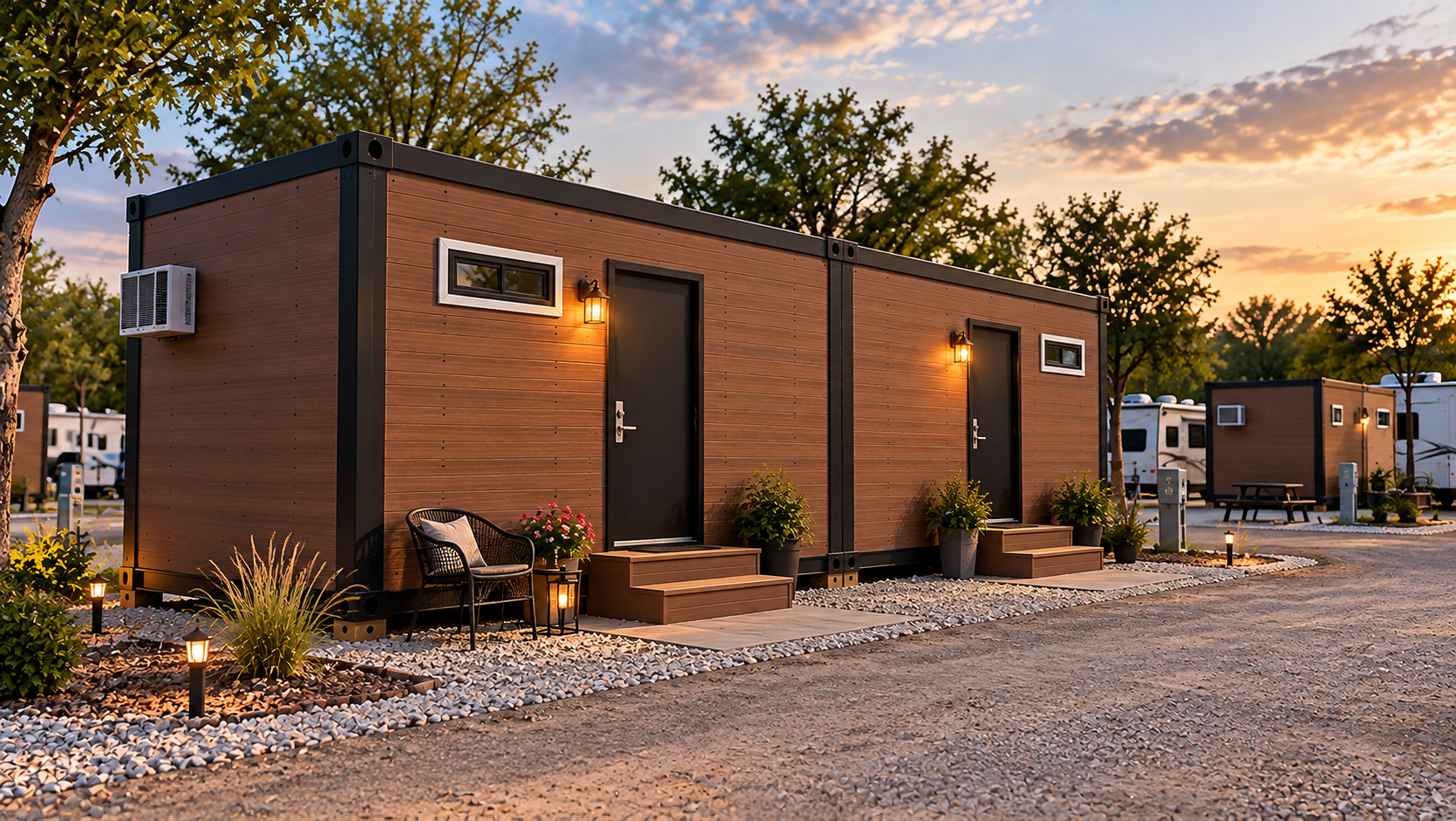 Two modern tiny houses with black doors and small privacy windows, decorated with potted plants, outdoor seating, and small lanterns, set in a scenic campground at sunset.