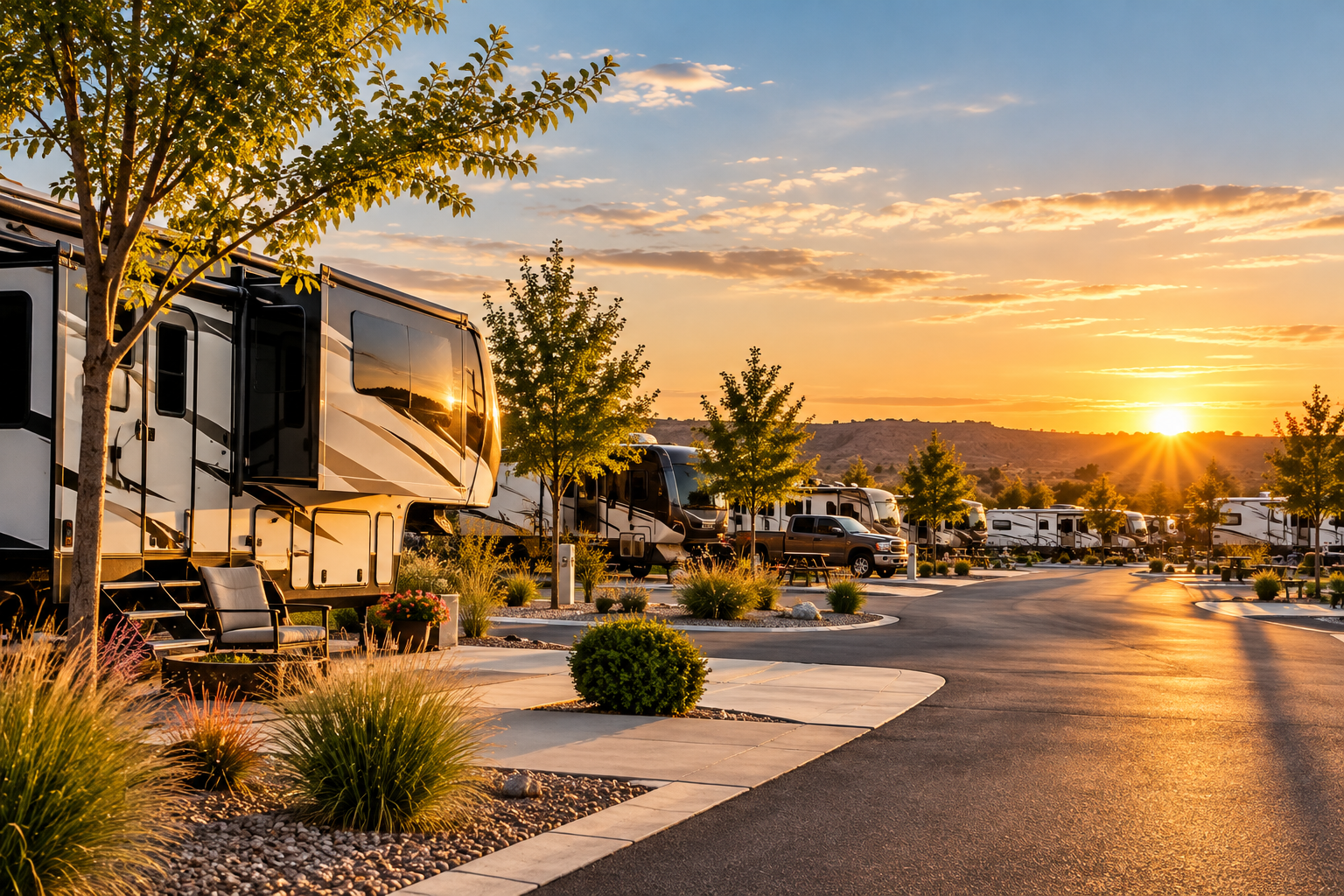 Row of parked RV trailers and motorhomes along a campground at sunset with trees and a dirt hill in the background.