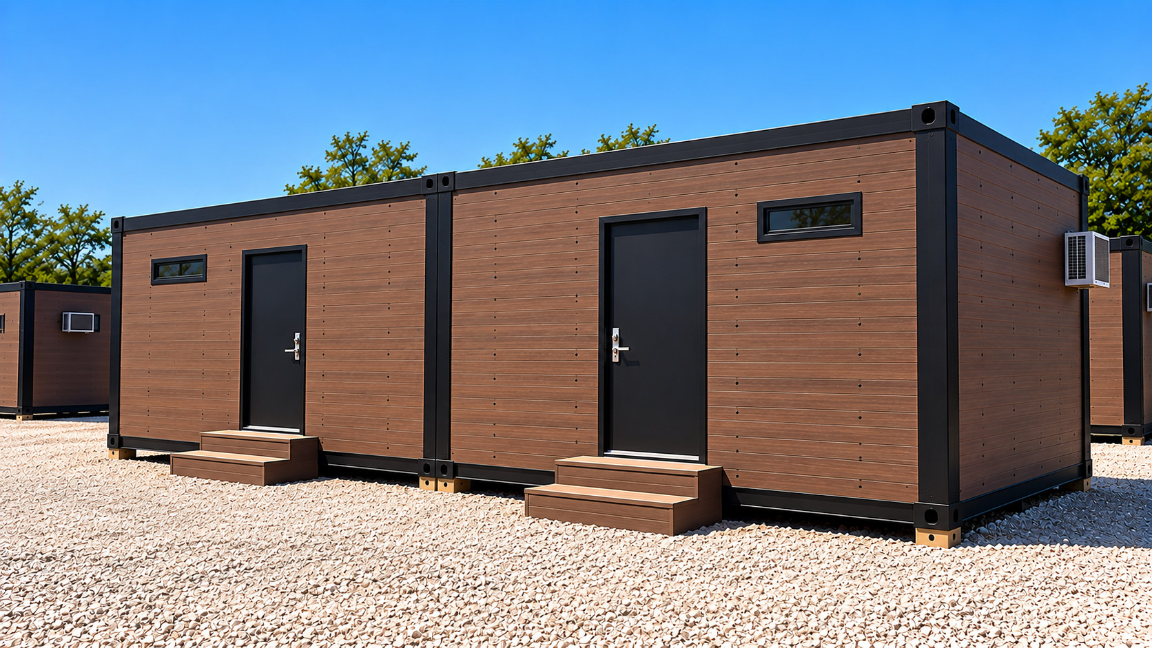 Two modern tiny houses with wood panel exteriors, black doors, small steps, and small horizontal windows, set on gravel with trees and clear blue sky in the background.