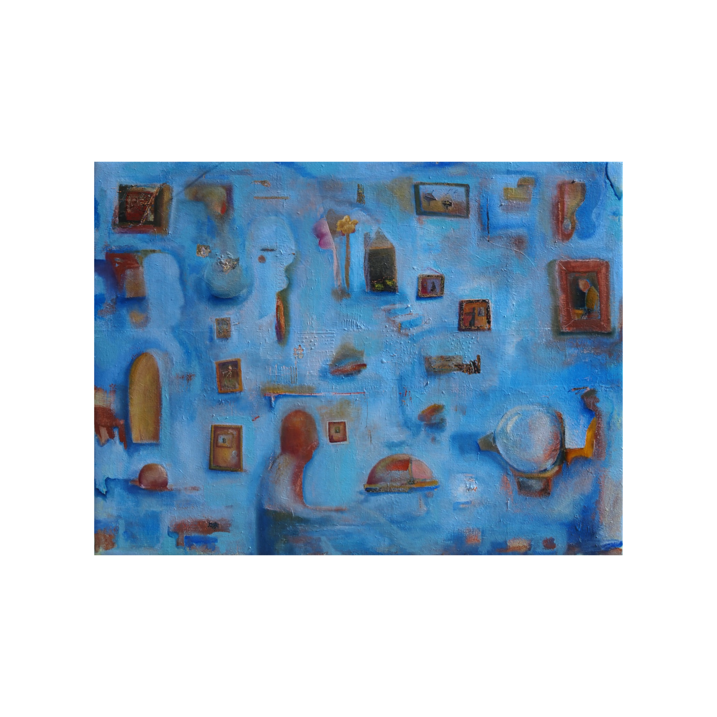 A large blue wall with colorful, abstract framed artwork and decorations, including paintings, a hanging flower, and various shapes.