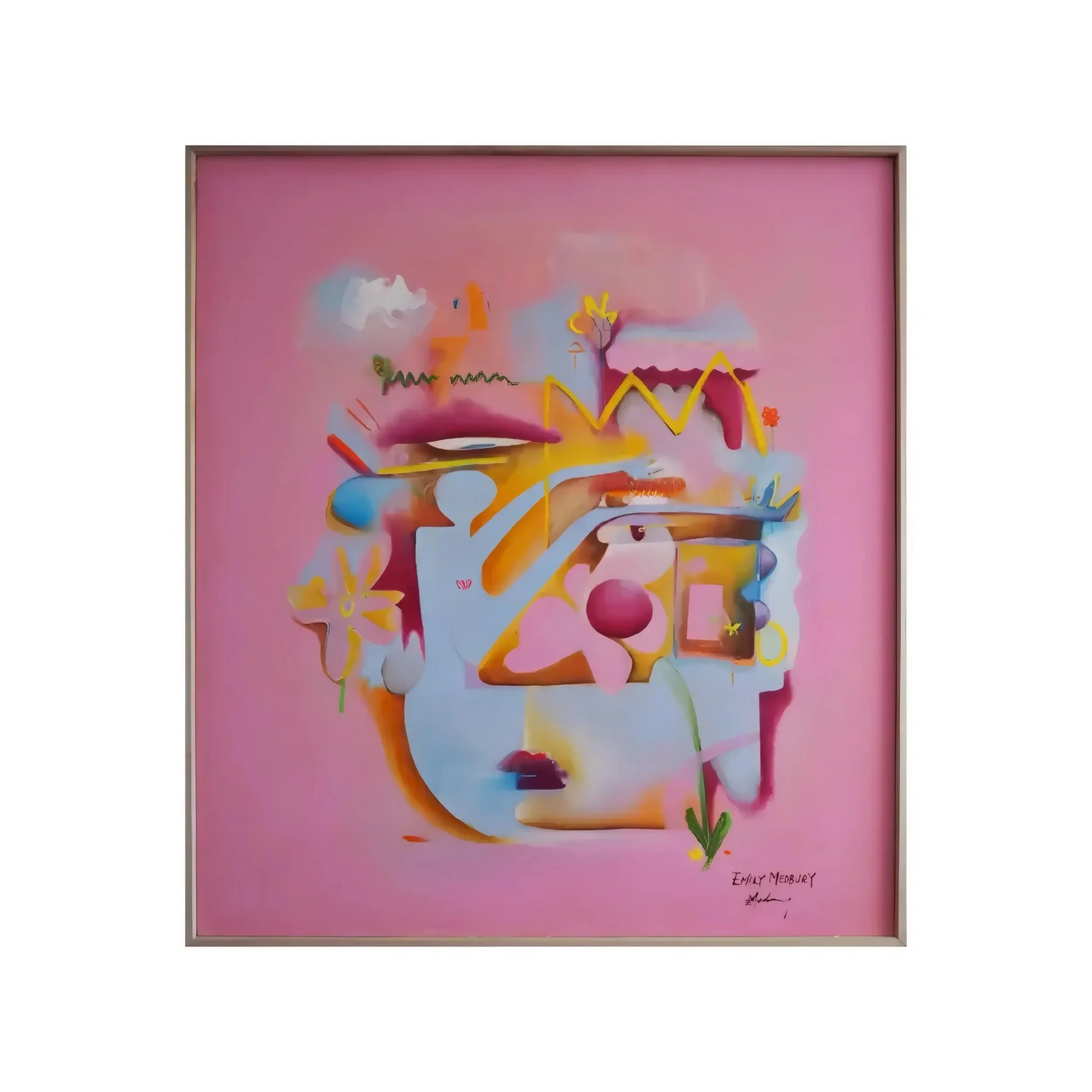 Colorful abstract painting with pink background, yellow, purple, and orange shapes, and a signature at the bottom right corner.