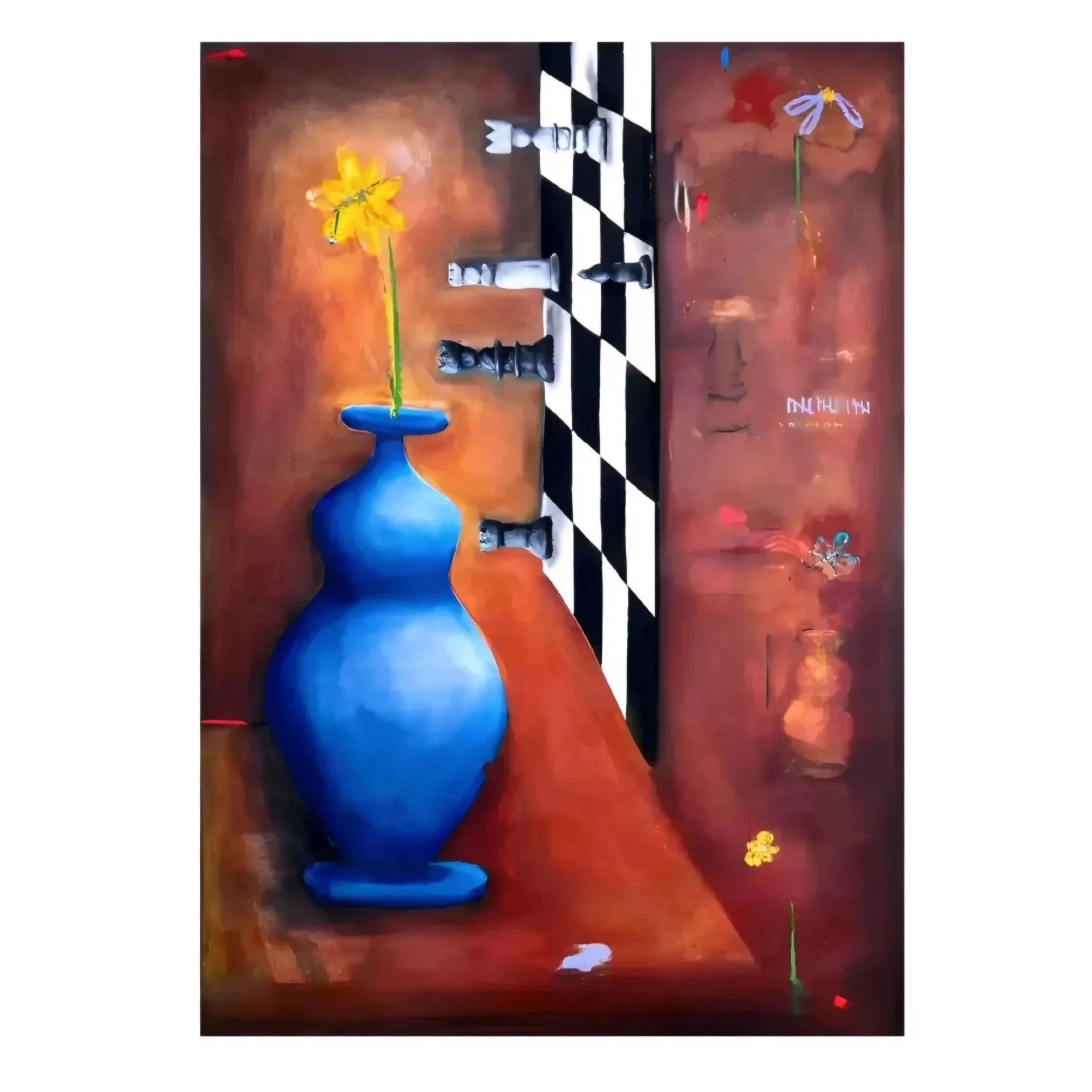 A colorful abstract painting featuring a large blue vase, two flowers with yellow and purple petals, a black and white chessboard, and some scattered objects on an orange background.