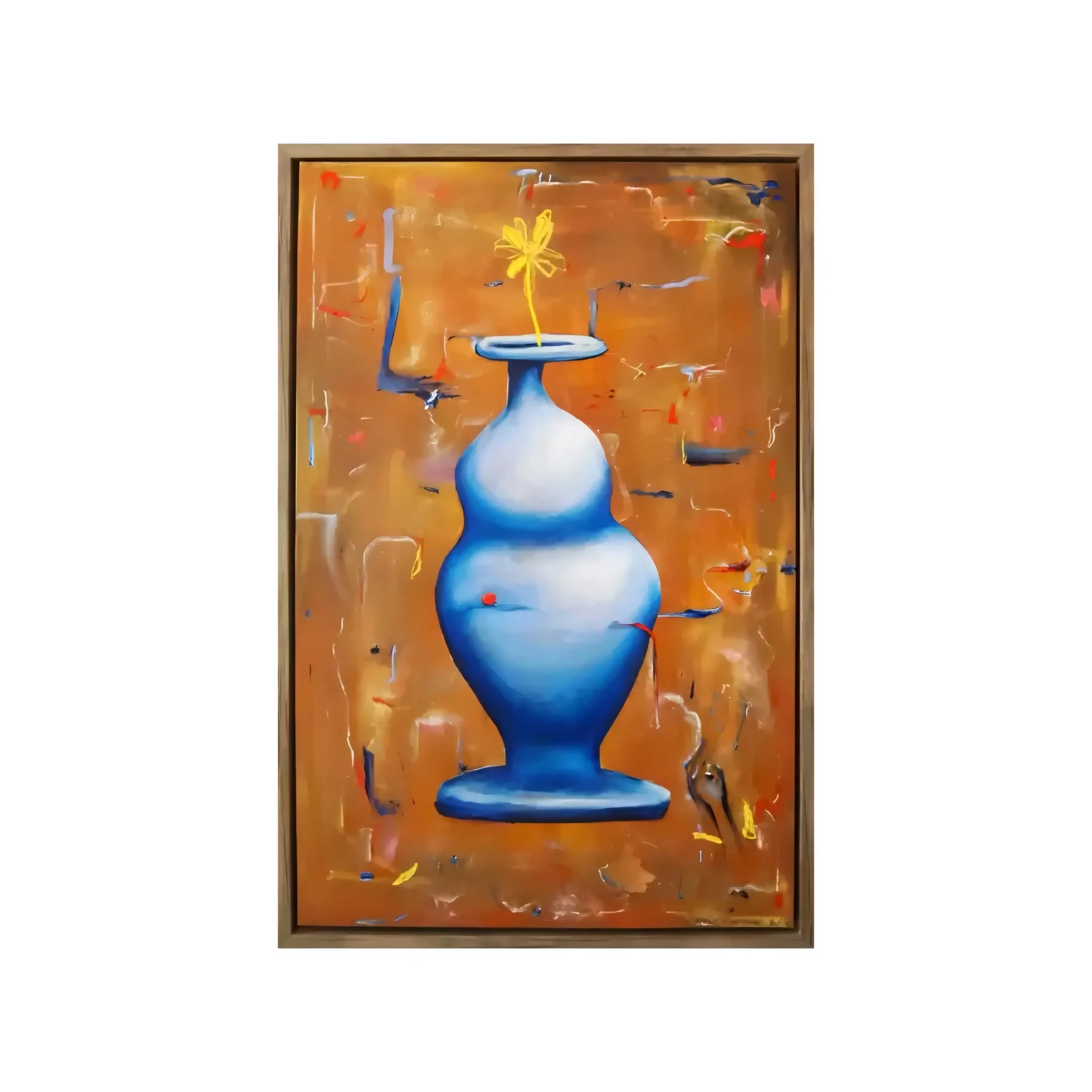 Abstract painting featuring a blue vase with a yellow flower on an orange background with colorful streaks.