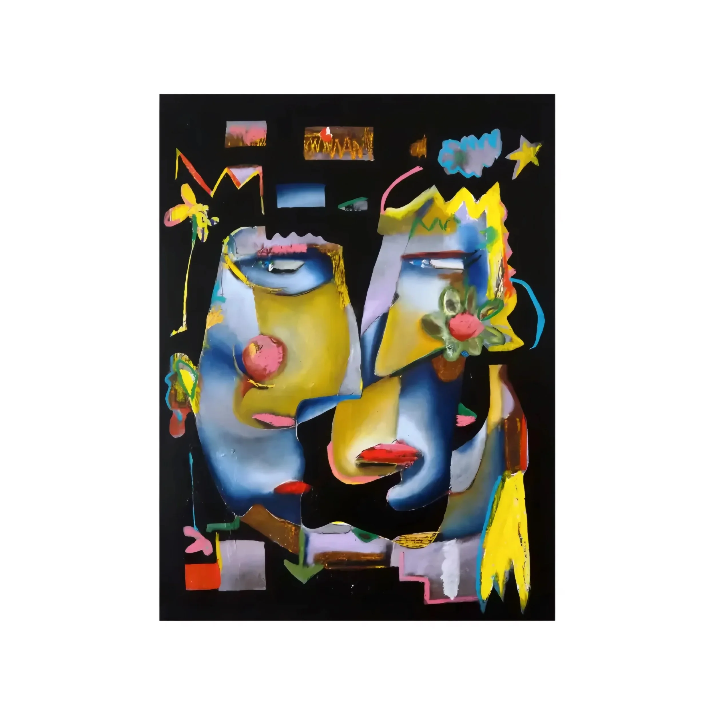 Abstract colorful artwork with black background, featuring various shapes and splashes of yellow, pink, blue, and green.