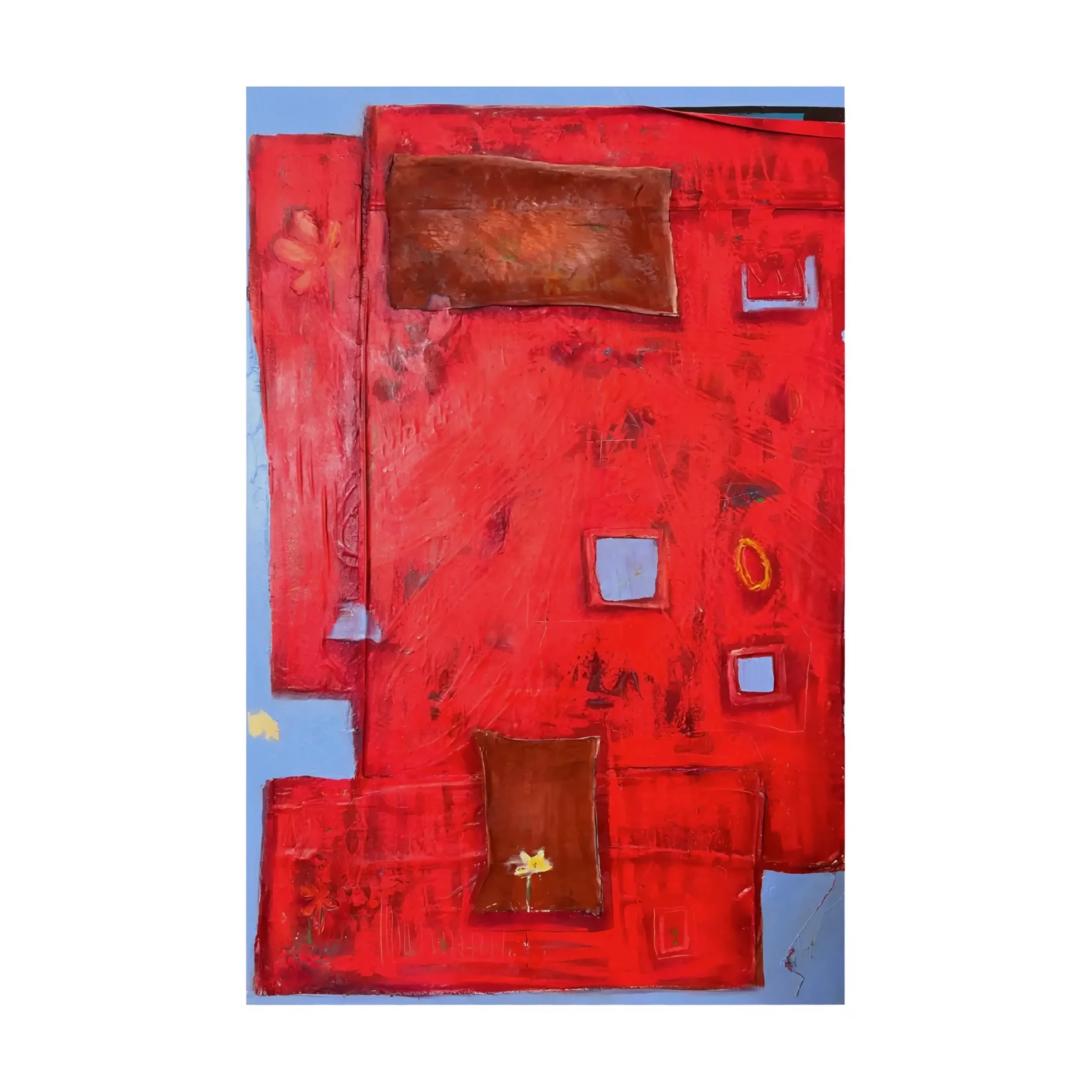 Abstract artwork featuring red, brown, and blue colors with textured brushstrokes and geometric shapes.