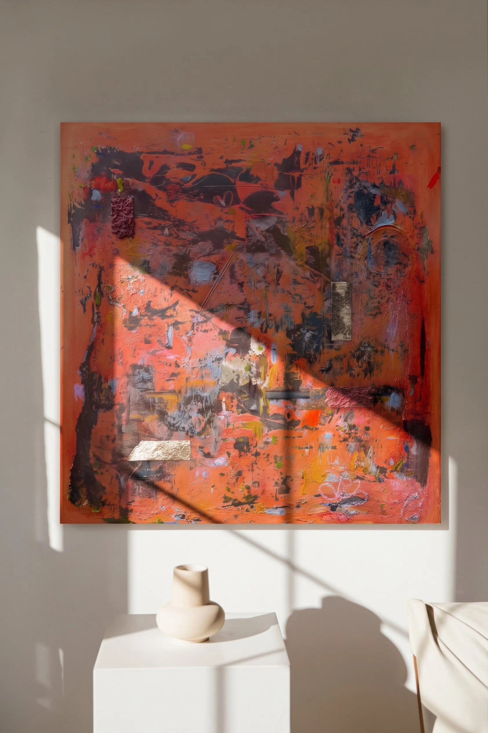 A modern art gallery features an abstract painting with red, black, and purple hues hanging on a white wall. In front of the painting, there is a white pedestal with a beige ceramic vase placed on top of it, and a white chair is visible to the right. Light casts shadows across the scene.