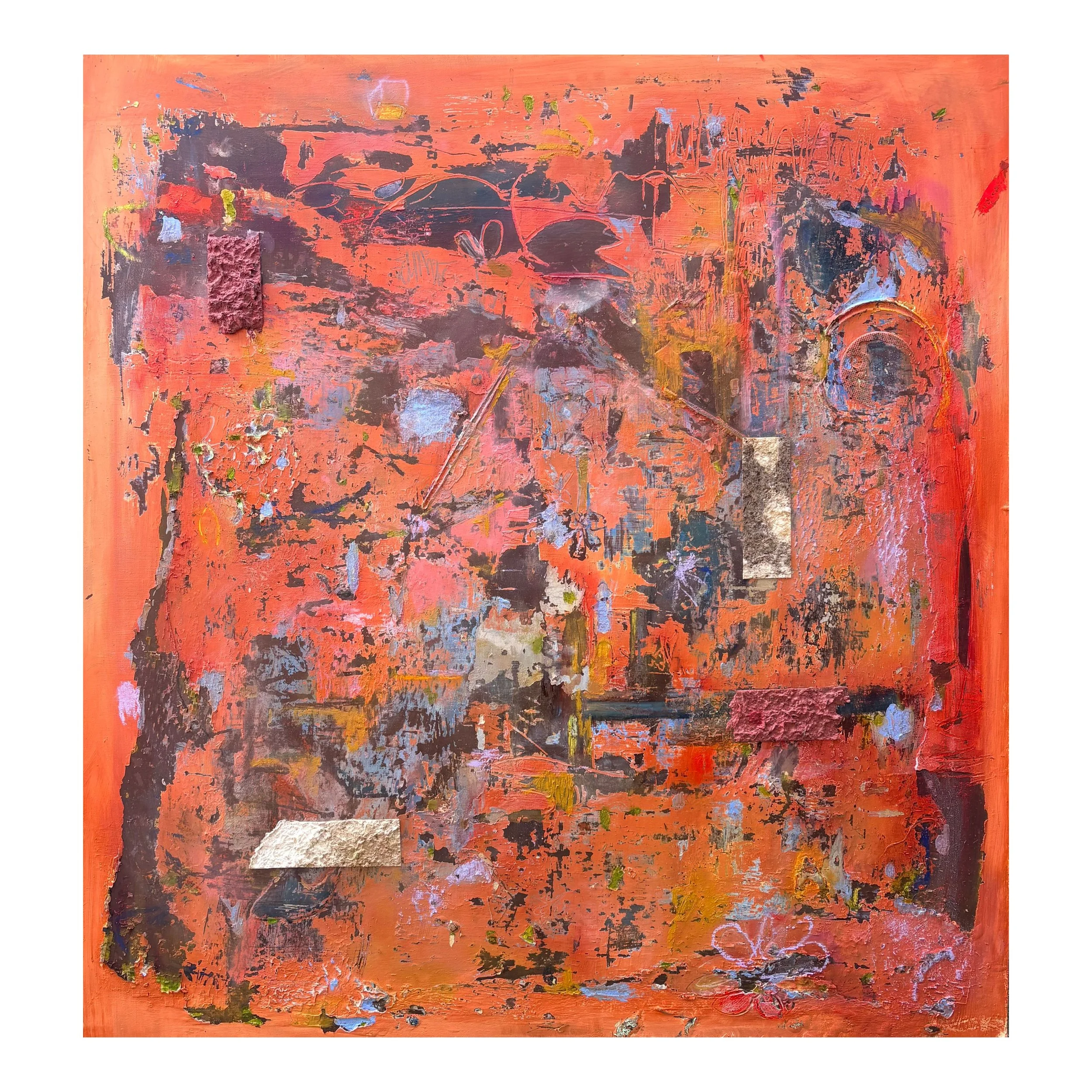 Abstract painting with orange, black, white, purple, blue, and green colors, with textured and layered elements.