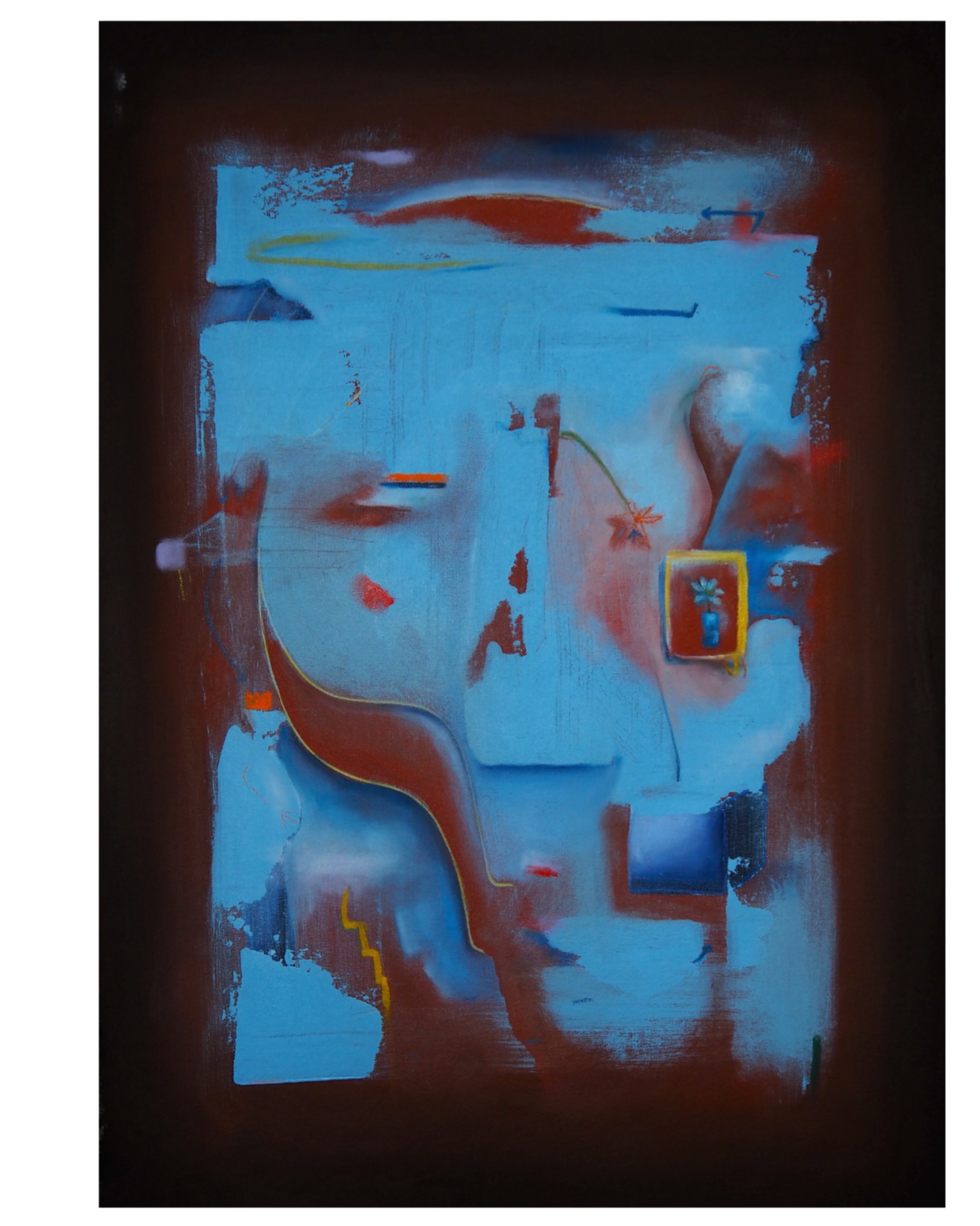 Abstract painting with blue, red, yellow, and orange colors. The composition includes shapes, lines, and a small framed flower in the bottom right corner.