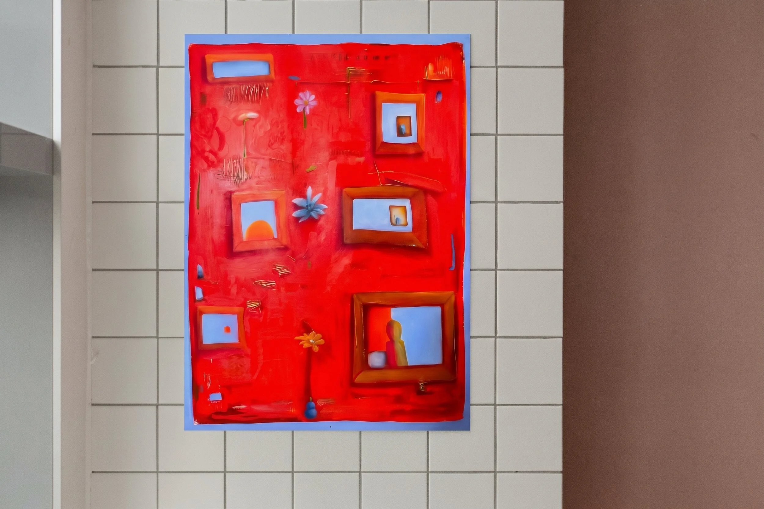 A colorful abstract painting with a red background, featuring various small framed images, flowers, and geometric shapes on a tiled wall.