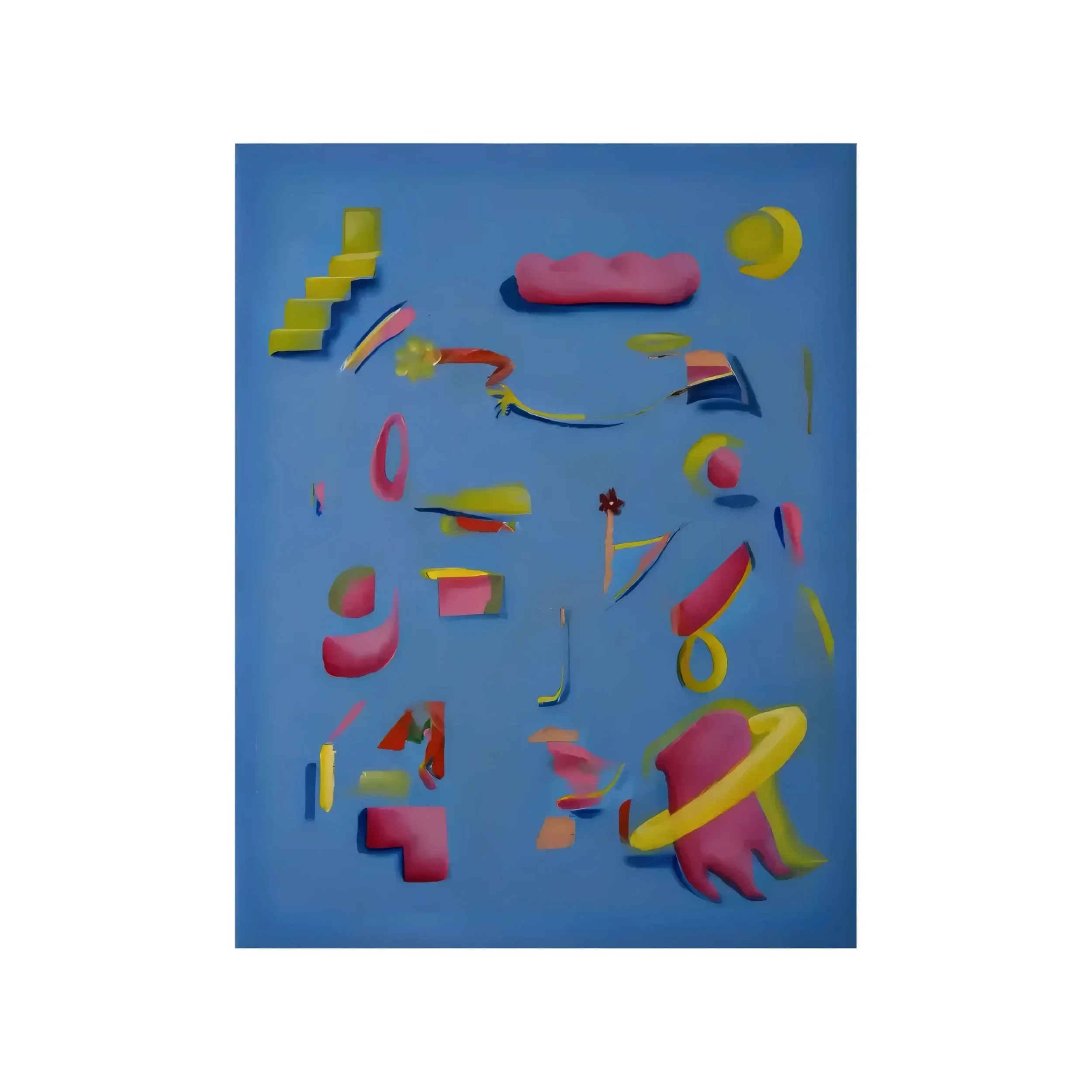 Colorful abstract sculptures and shapes arranged on a blue background.
