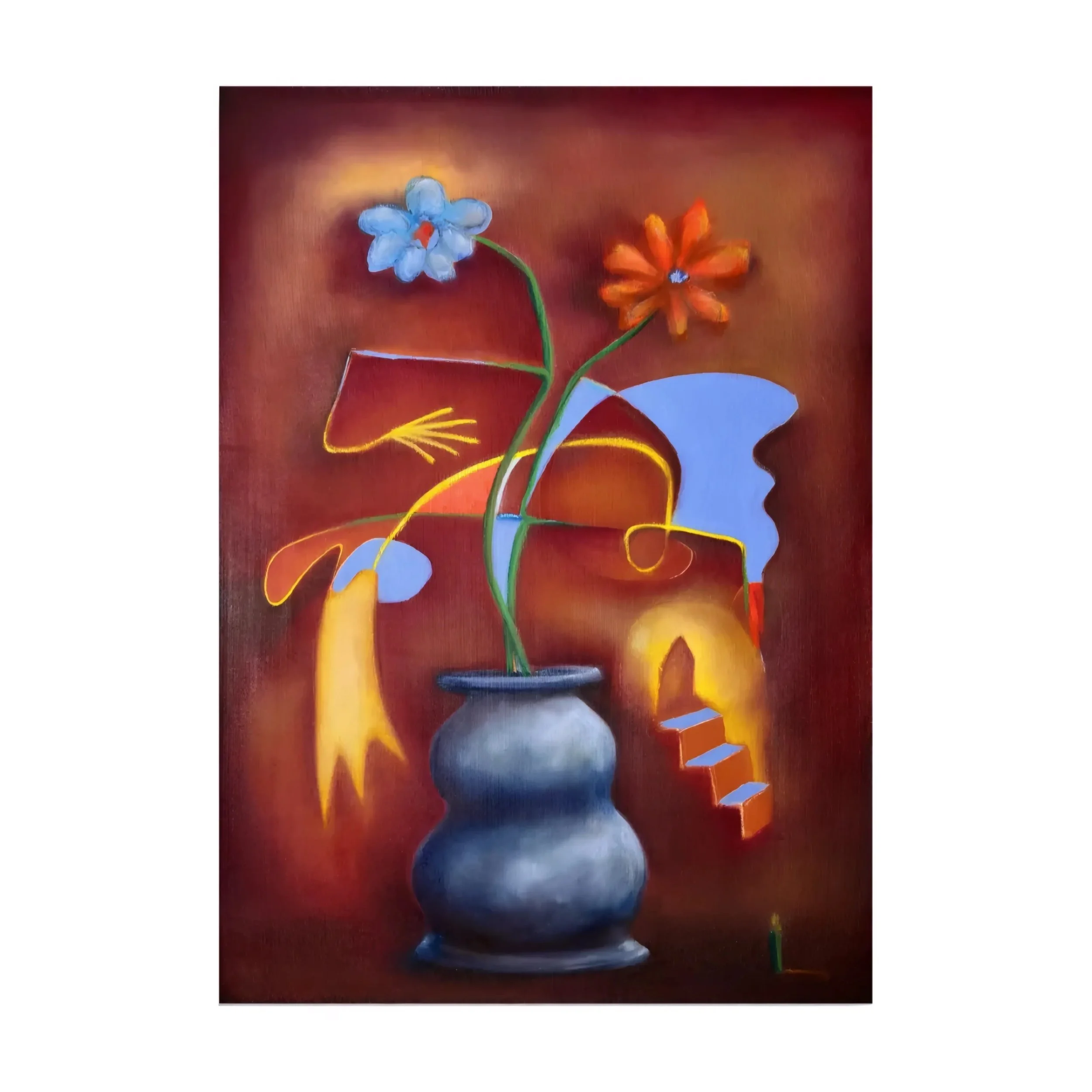 Abstract painting of two flowers, one blue and one orange, with vivid colors and blurred details.