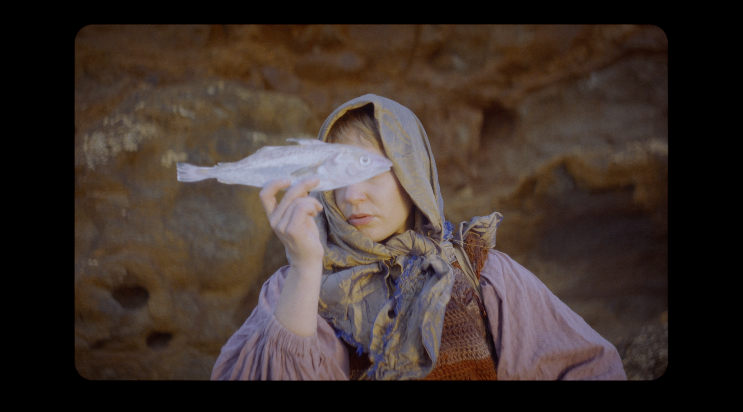 A woman in medieval or fantasy-inspired clothing holding a fish up to her eye, with a rocky background.