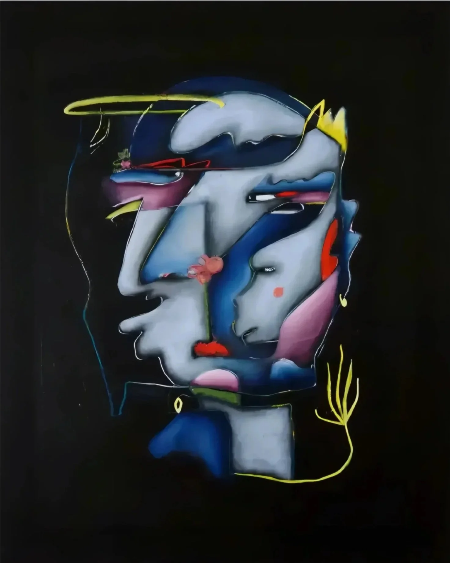 Abstract portrait of a person with a combination of colorful, flowing lines and shapes against a black background, emphasizing facial features in a modern art style.