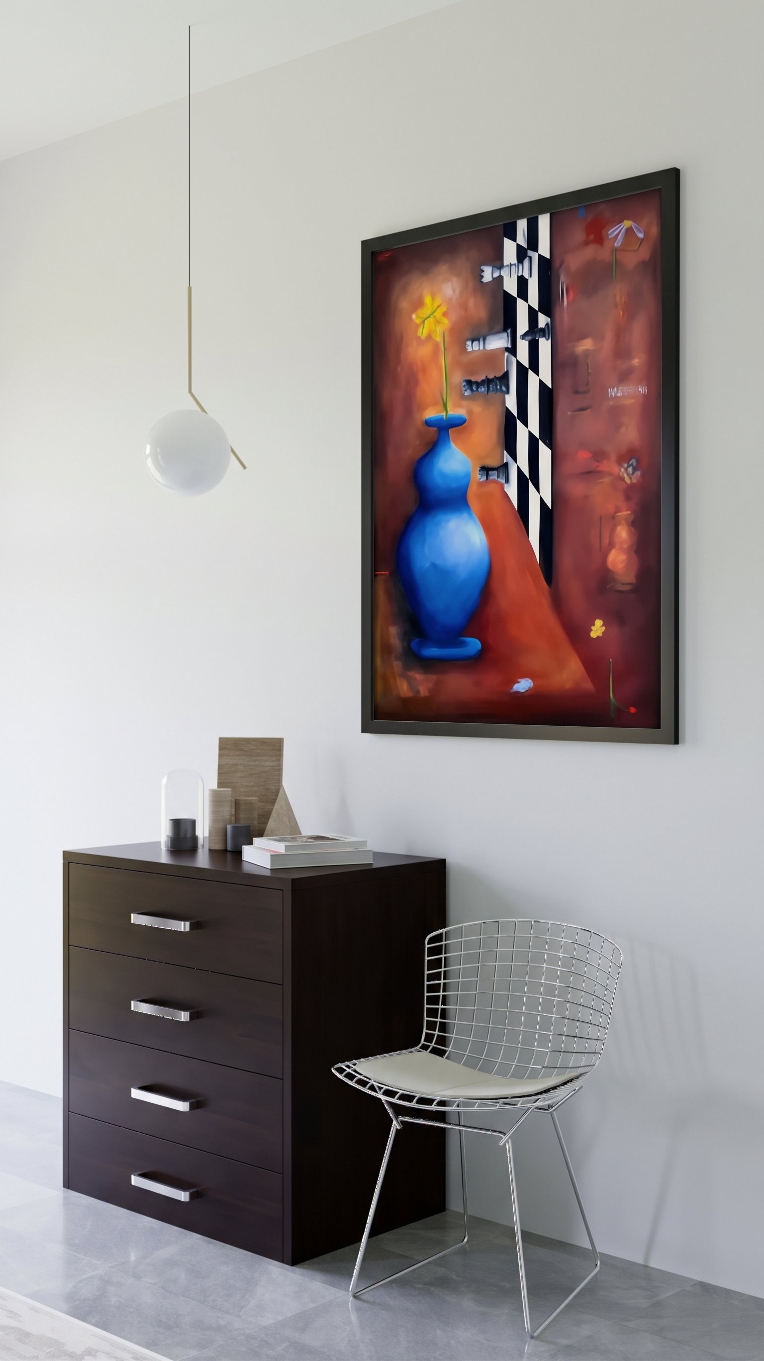 Modern interior with a black chest of drawers, white wire chair, and colorful abstract painting of a blue vase with yellow flowers on a table.