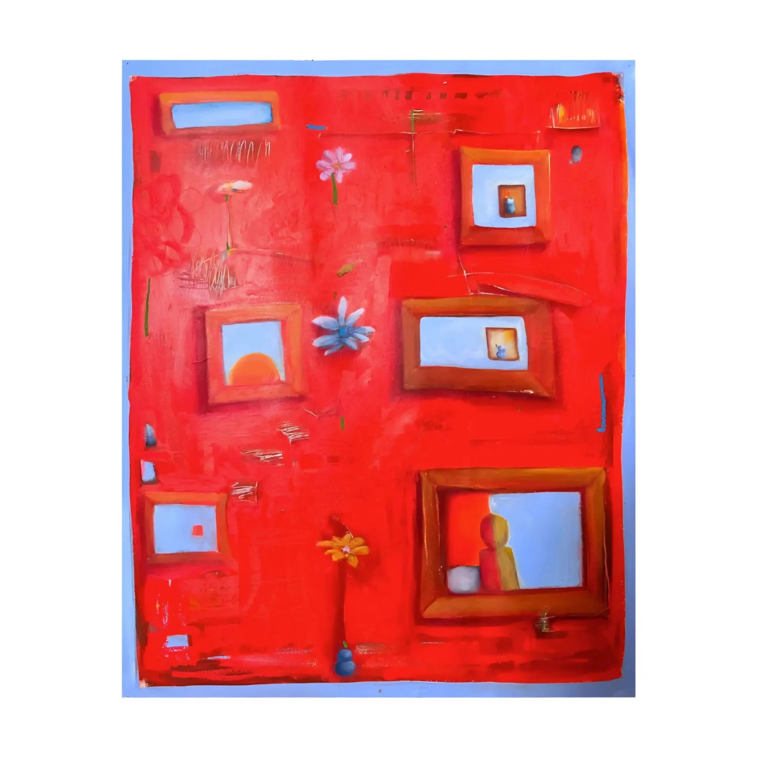 Abstract painting with a dominant red background, featuring a light blue rectangle near the top left, white flowers with green stems, and smaller rectangles in orange and white, framed by a thin light blue border.