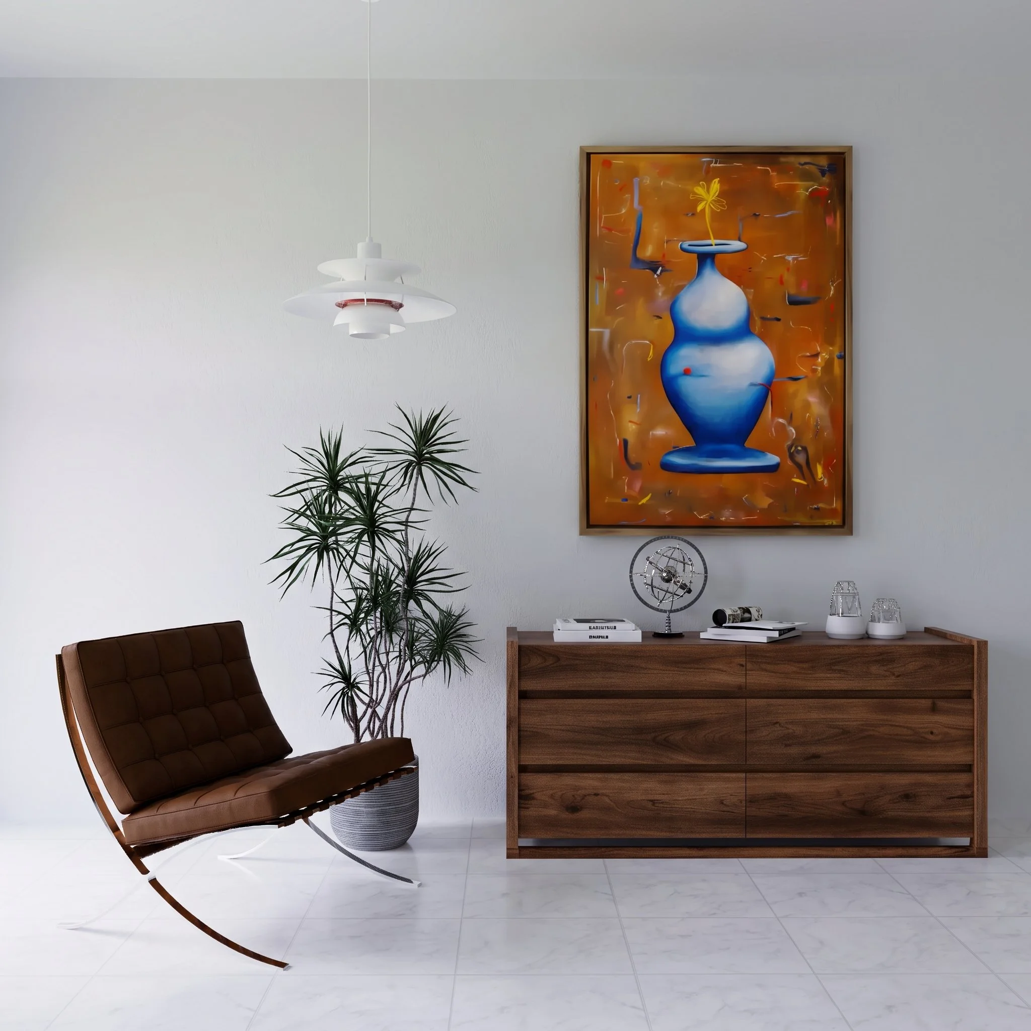 A modern interior with a brown leather lounge chair, a green potted plant, a white ceiling pendant light, a wooden sideboard decorated with objects including a globe, books, and vases, a colorful abstract painting of a blue vase with a yellow flower on the white wall.