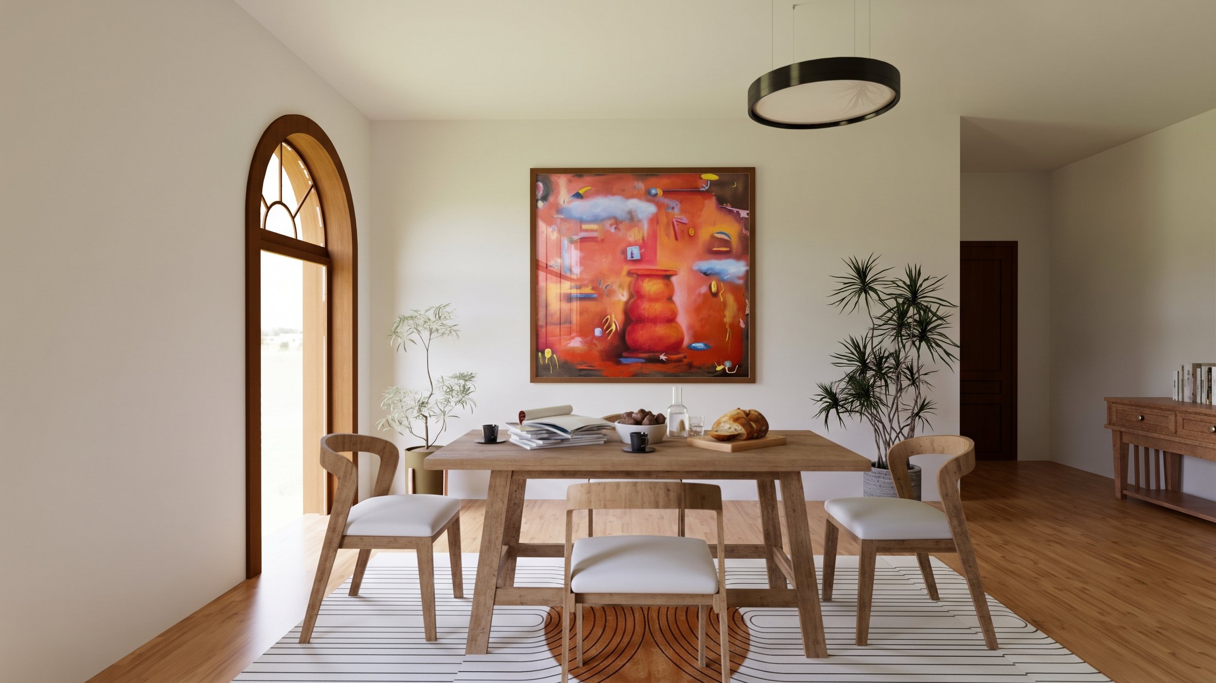 A dining room with a wooden table and chairs, a large colorful abstract painting on the wall, potted plants, and breakfast foods including bread and muffins.