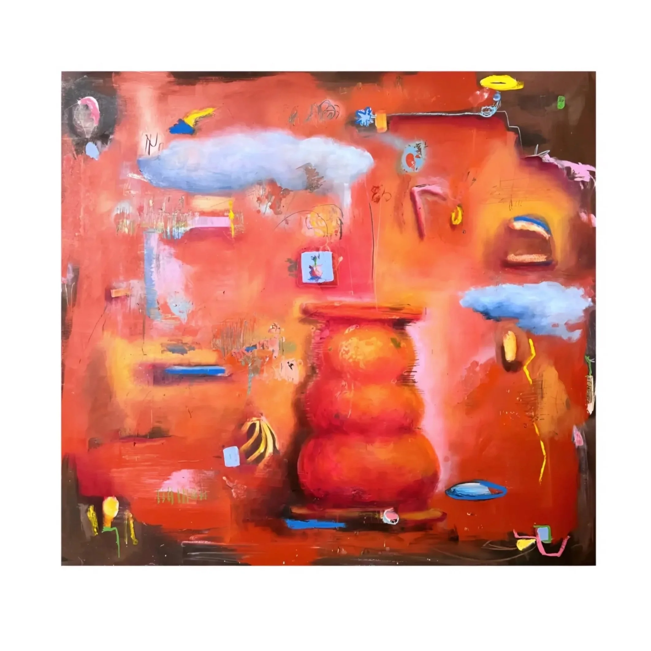 Abstract painting with red, black, pink, yellow, blue, and green colors and various shapes and lines.